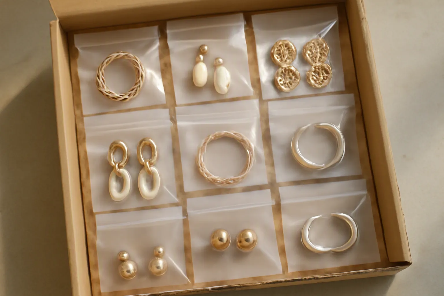 hochwertiger schmuck - Verpackungsbeispiel für hochwertigen Modeschmuck im Export – sortierte Ohrringe in Antianlauf-Beuteln und gepolsterten Präsentationskartons, versandfertig für den deutschen Einzelhandel