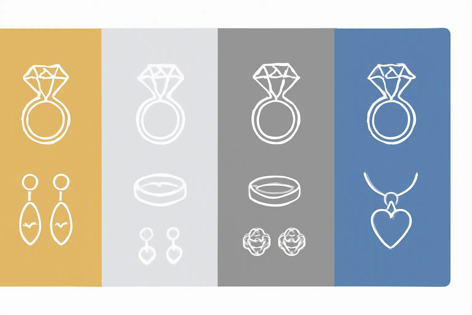bijoux mariage - Clean flat-design informational diagram comparing four wedding jewelry materials — gold-plated copper, rhodium-plated copper, stainless steel, and glass beads — each material in a distinct color zone (warm gold, cool silver, steel gray, transparent blue), three bullet-point properties per zone, minimal icons, white background, clear typographic hierarchy