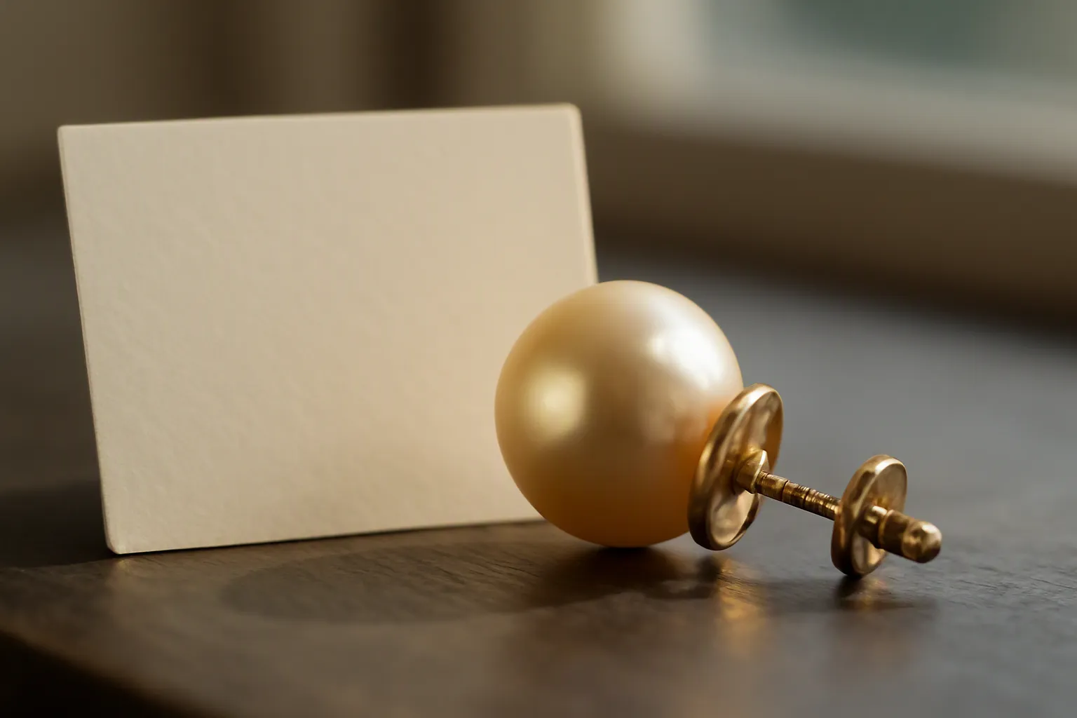 pendientes de perlas - Fotografía de detalle de un par de pendientes de perla colgante en acabado dorado junto a una tarjeta de especificaciones técnicas, mostrando el tipo de cierre y el material del engaste