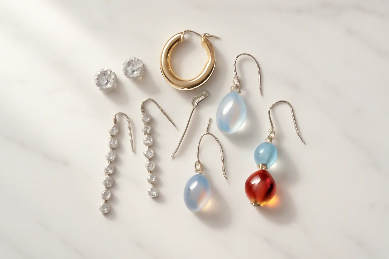 boucles d'oreilles fantaisie - Photorealistic flat-lay of five pairs of boucles d'oreilles fantaisie in different styles — crystal studs, gold-plated hoops, iridescent glass drop earrings, rhinestone dangles, and two-tone glass bead pendantes — arranged in a fan formation on a white marble surface, soft natural window light from the left, clean editorial product photography with no text
