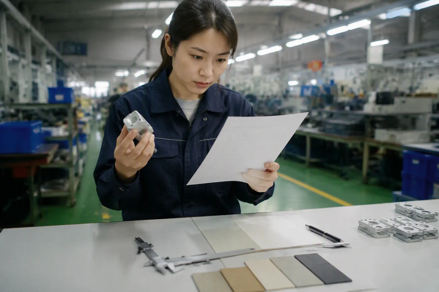中国海关 - 中国工厂质检的超写实场景,检验员正在将实物样品与带有双语标注的规格表进行比对