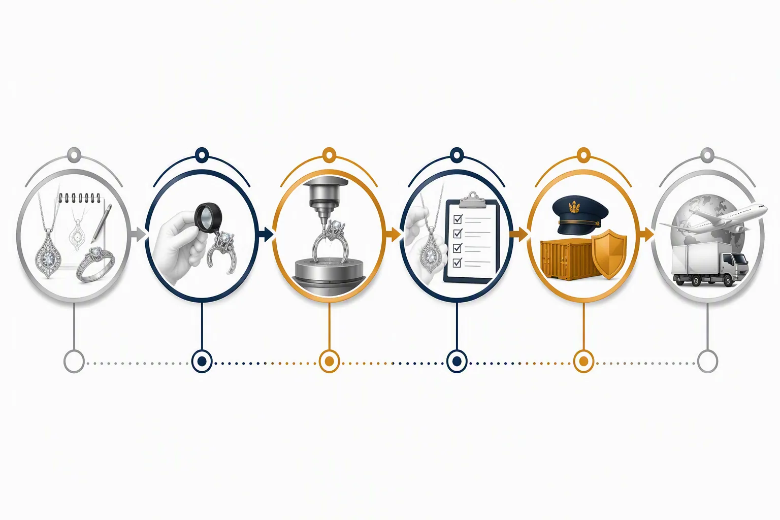 joyería de plata - Secuencia visual del flujo de compra B2B internacional para joyería de plata: solicitud de muestra → aprobación QC → producción → inspección previa al envío → despacho aduanero → entrega final, con iconos por etapa