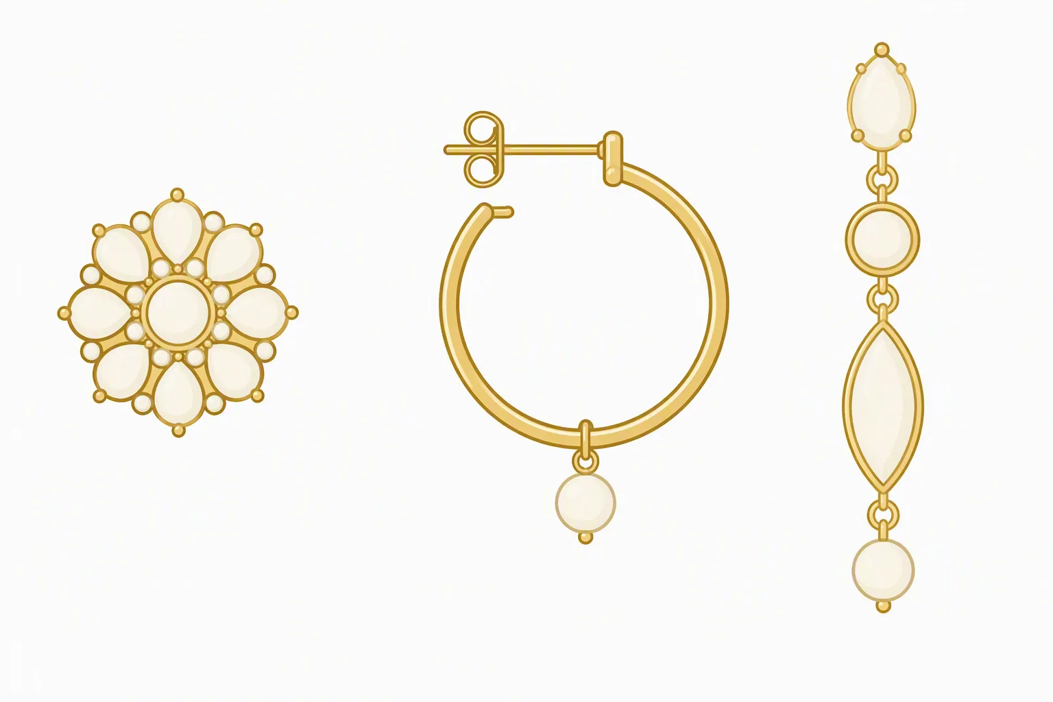 boucles d'oreilles fantaisie - Clean informational diagram showing the three types of earring mounts side by side — clous/studs (top-view silhouette), créoles/hoops (circle profile), and pendantes/drop earrings (elongated dangle) — labeled in French with flat-design gold and ivory color palette, white background, minimal geometric line-art, no decorative textures