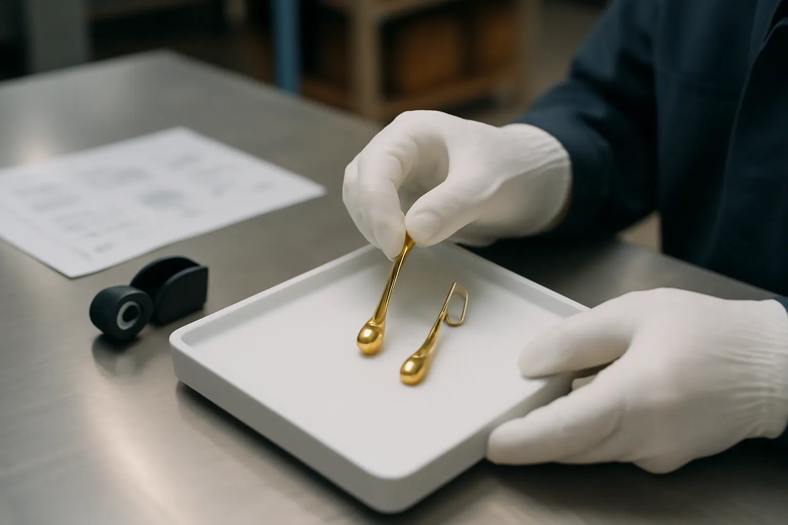 boucles d'oreilles fantaisie - Editorial documentary photo of a professional jewelry quality-control inspection: a gloved technician's hands examining gold-plated drop earrings on a white inspection tray under bright workshop lighting, with a loupe and printed specification sheet visible in the background, clean warehouse setting, no text or labels in frame