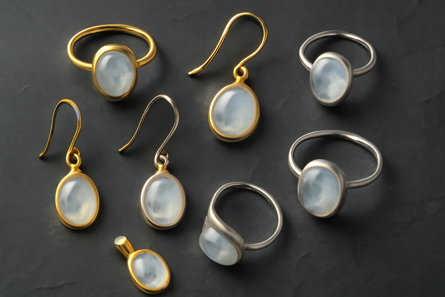 mondstein schmuck - Flatlay einer Mondstein-Schmuck-Kollektion mit Ringen, Ohrringen und Anhängern auf dunklem Hintergrund – vergoldete und rhodinierte Metalloberflächen im Vergleich