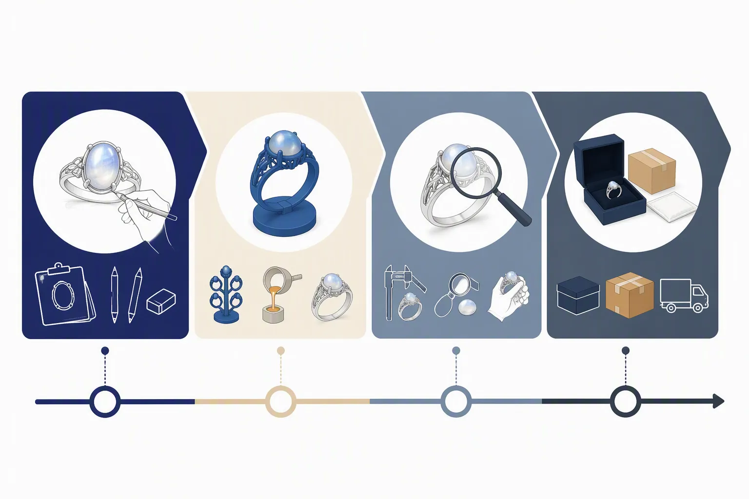mondstein schmuck - Annotiertes Ablaufdiagramm des OEM-Prozesses – von der Designskizze über Musterproduktion und QC-Freigabe bis zur Auslieferung; mit Zeitachse und Meilensteinen