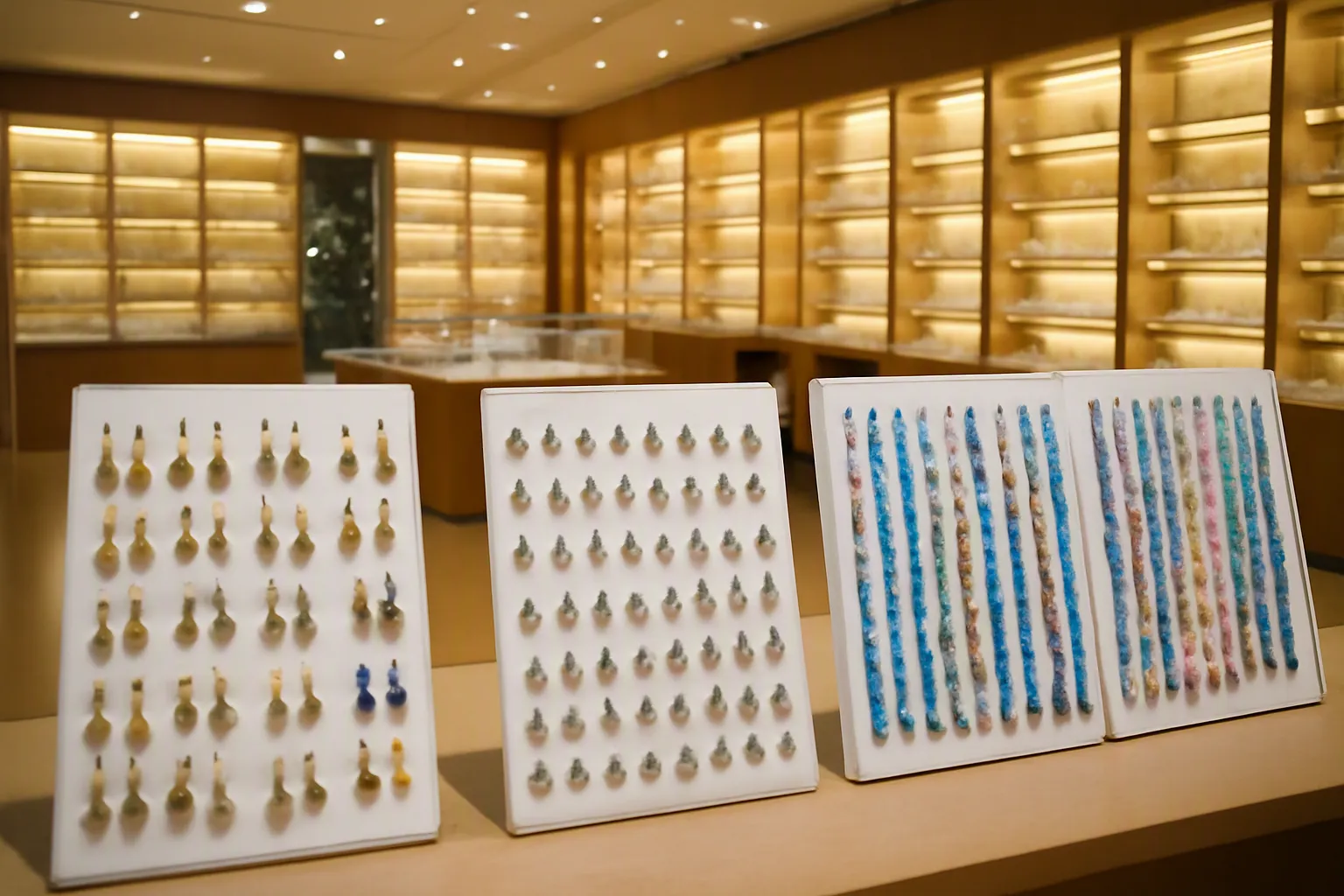 schmuck großhandel für wiederverkäufer - Photorealistisches Bild eines Schmuck-Showrooms in Hangzhou mit sortierten Musterboards für Drop-Ohrringe, Stud-Ohrringe und Glasperlenketten, die für internationale Wiederverkäufer präsentiert werden