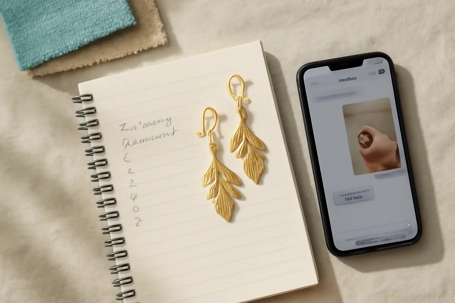 nature bijoux - Editorial top-down photo of a professional buyer's workspace — open sourcing notebook with handwritten style checklist in French, two gold-plated copper nature bijoux drop earring samples placed beside a smartphone showing a supplier WhatsApp conversation, fabric swatches in turquoise and beige, natural window light from the left, authentic working environment