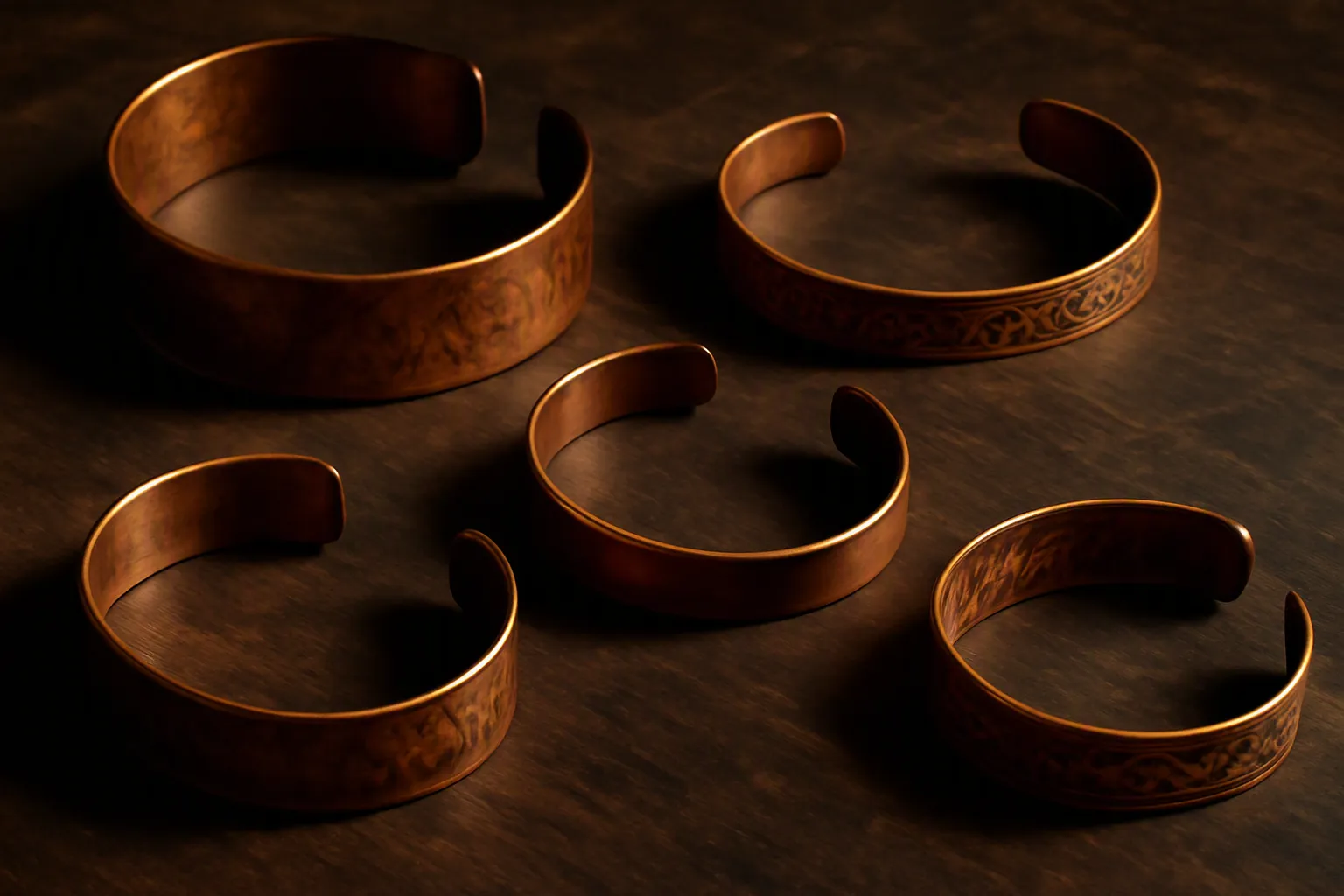 pulseras de cobre - Fotografía editorial de una selección de pulseras de cobre artesanales sobre superficie de madera oscura, mostrando distintos anchos, acabados y grabados decorativos
