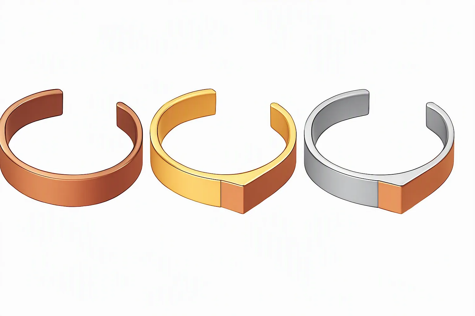 pulseras de cobre - Diagrama comparativo de acabados de pulseras de cobre: cobre puro sin baño, cobre chapado en oro 18k, cobre chapado en rodio, con detalle de sección transversal mostrando grosor del baño