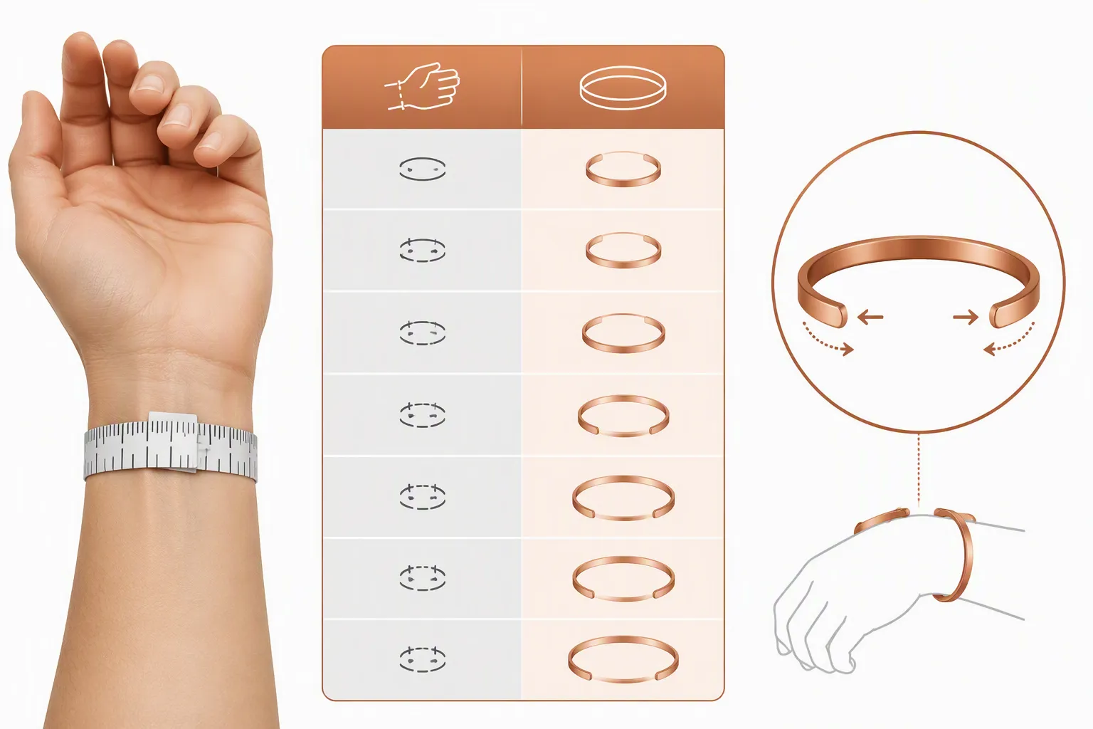 pulseras de cobre - Infografía de guía de tallas para pulseras de cobre: ilustración de muñeca con cinta métrica, tabla de correspondencia entre circunferencia de muñeca y tamaño de pulsera recomendado, con nota sobre ajuste para pulsera abierta