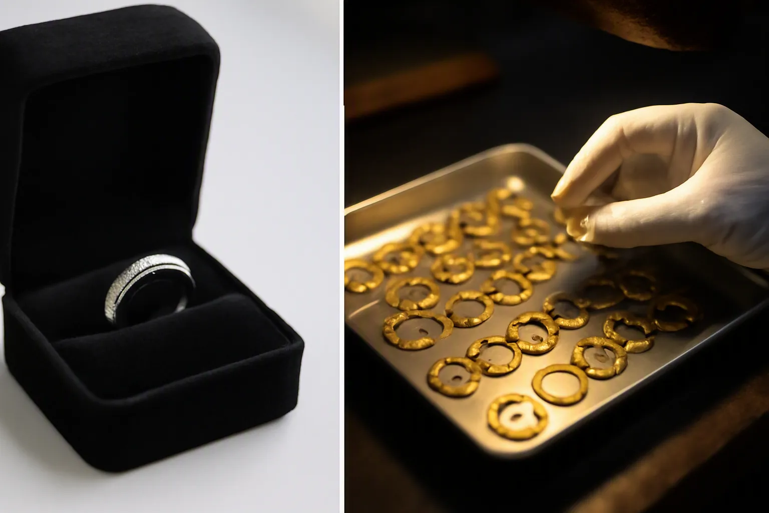 custom jewelry - Side-by-side comparison of retail custom jewelry (single engraved ring in velvet box) versus B2B OEM jewelry production (tray of gold-plated earrings being QC-inspected in a workshop setting)