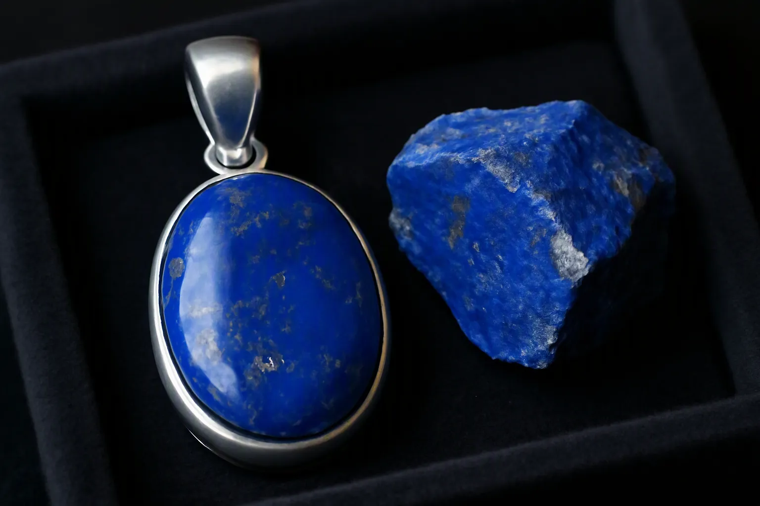 lapislazuli schmuck - Nahaufnahme eines echten Lapislazuli-Anhängers aus 925-Silber neben einer kleinen Rohsteinprobe, auf einem dunklen Schmuckdisplay angeordnet – zeigt die typische Maserung mit goldenen Pyrit-Einschlüssen