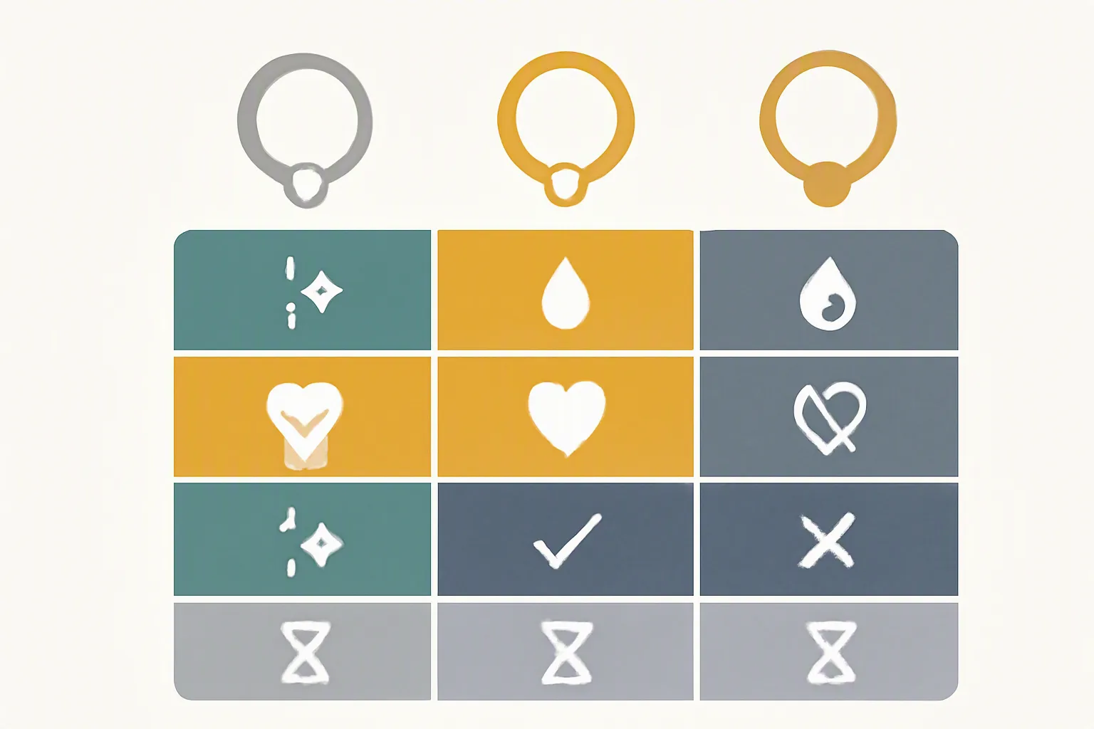 bijoux inoxydable - Clean flat-design infographic comparing three jewelry material categories — stainless steel 316L, gold-plated copper, and standard brass — evaluated across five criteria: tarnish resistance, hypoallergenic properties, visual finish quality, regulatory compliance (REACH/CPSC), and average retail lifespan; five horizontal rows with distinct color zones in teal/amber/slate, simple icon per criterion, clean white background, no readable text labels