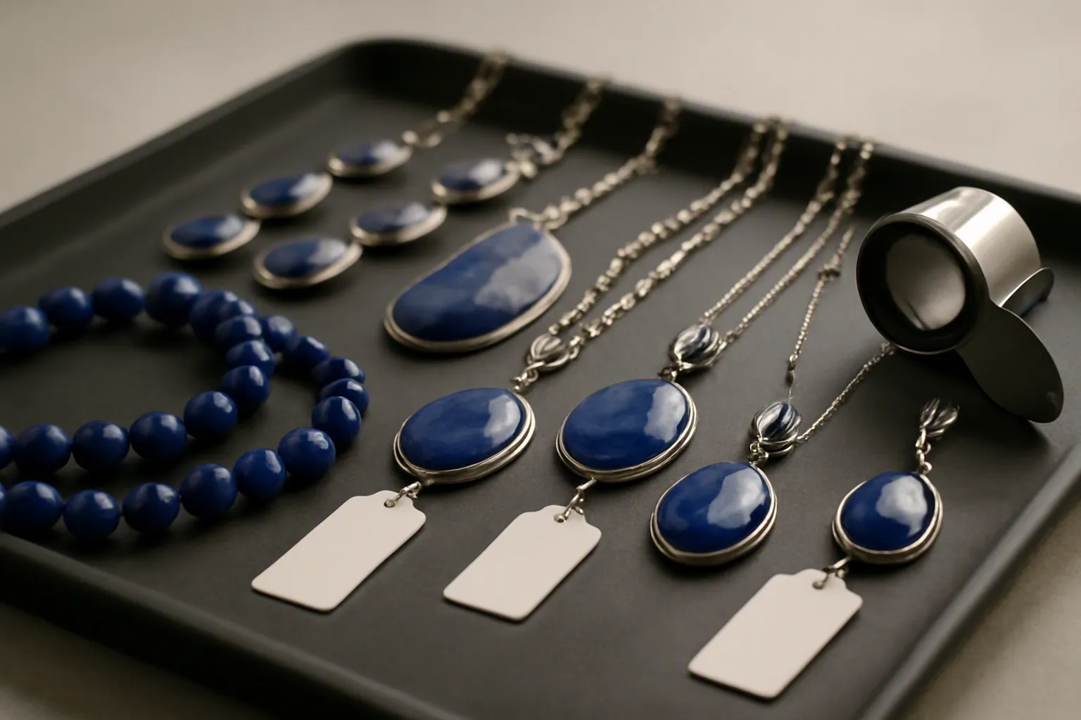 lapislazuli schmuck - Seitenansicht einer Lapislazuli-Schmuckkollektion auf einem Tablett mit angehängten Qualitätslabels und einer Lupe – verdeutlicht den QC-Prüfprozess vor dem internationalen Versand