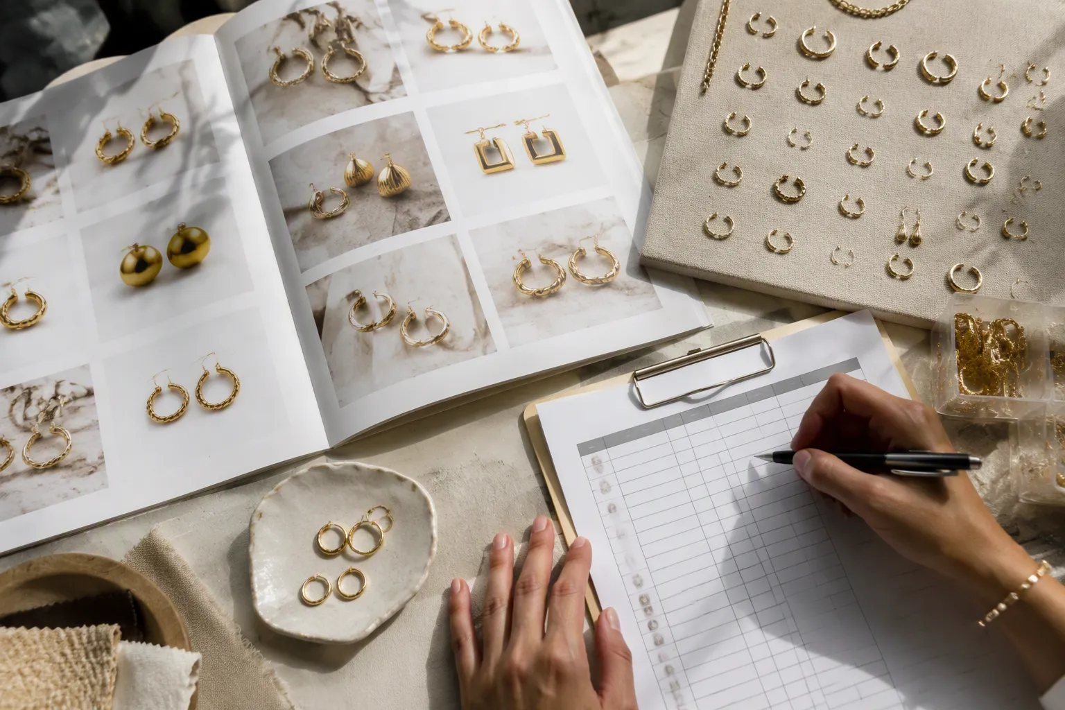 bijoux inoxydable - Editorial top-down photograph of a professional B2B jewelry sourcing workspace: open supplier product catalog with gold-plated bijoux inoxydable samples and sticky notes, a laptop screen showing a bilingual FR/EN email thread, a printed order form with MOQ figures and style codes, a small collection of earring samples pinned to a fabric board, natural window light, authentic procurement context