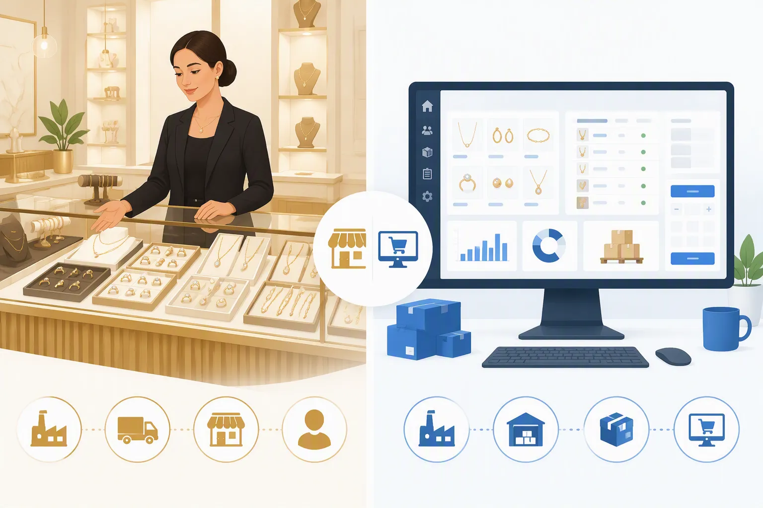 اكسسوارات محلات - مقارنة بين طاولة عرض اكسسوارات محل تجزئة تقليدي وشاشة لوحة تحكم طلبات جملة إلكترونية، لإبراز الفرق بين نموذجَي التوريد