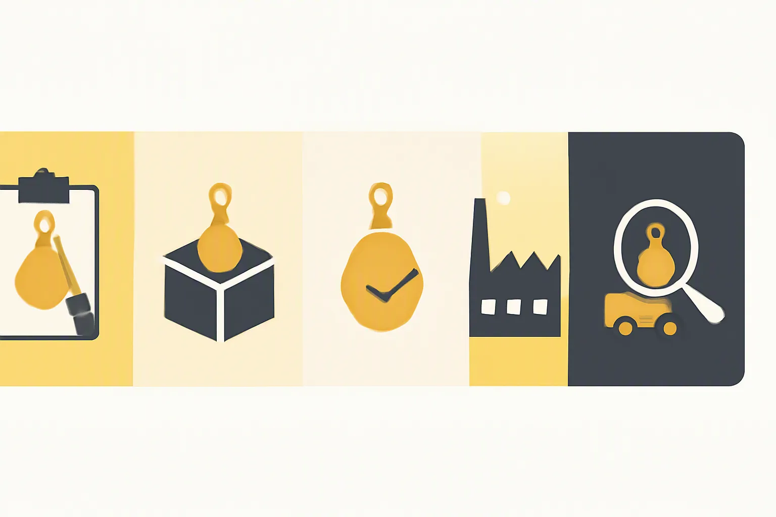colgantes de oro - Infografía de flujo de pedido OEM de colgantes de oro con 5 etapas: briefing de diseño → muestra → aprobación → producción → QC y envío, con iconos y tiempos estimados en días hábiles