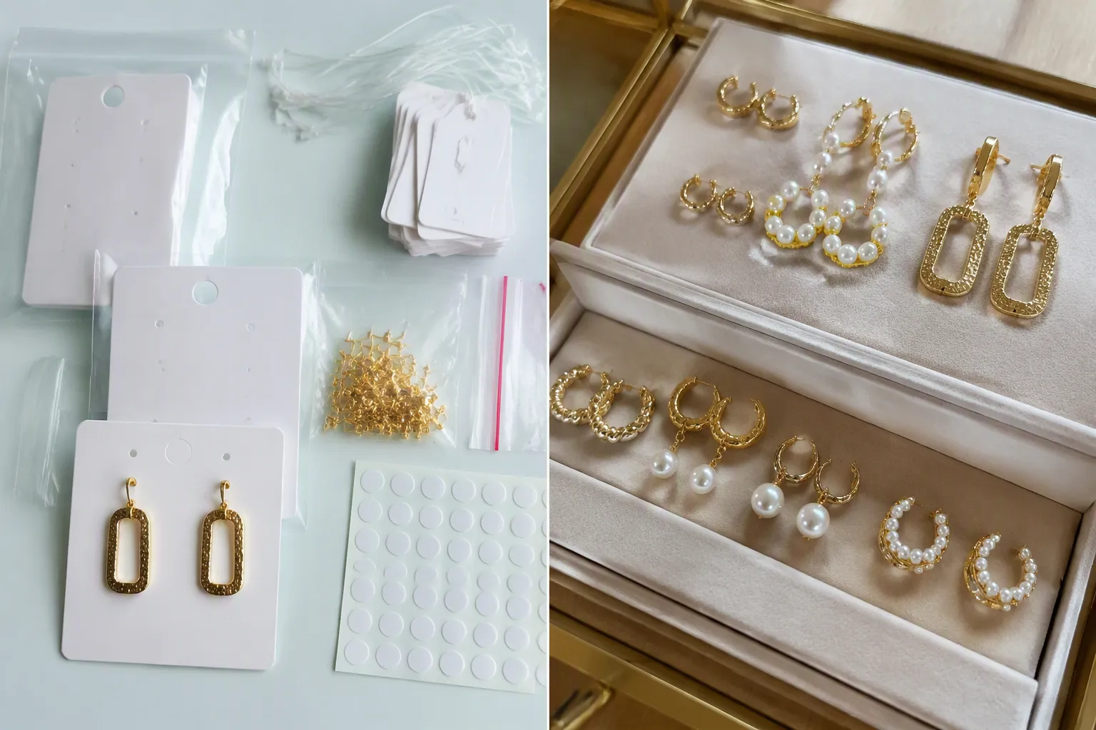 custom jewelry - Side-by-side editorial photo comparing a custom OEM earring sample card (with factory tags and QC sticker) against a retail store display of finished jewelry — illustrating the difference between a manufacturing sourcing relationship and a retail shopping experience