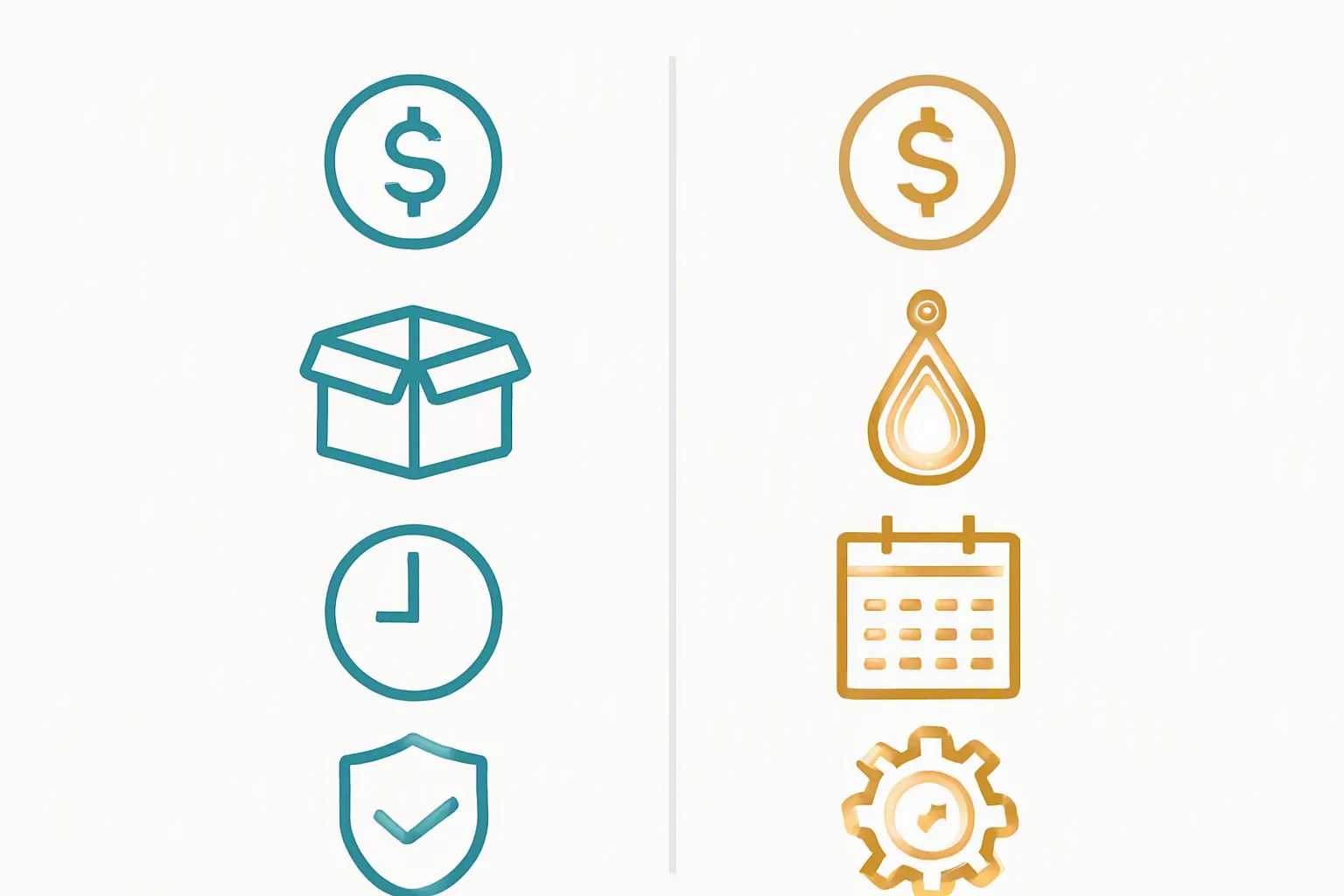 cosmetic jewelry wholesale - Clean flat-design infographic showing a side-by-side comparison of wholesale vs. retail sourcing for cosmetic jewelry: two columns with icons representing cost per unit, MOQ, lead time, and quality control — teal and warm gold color scheme, white background, no decorative elements