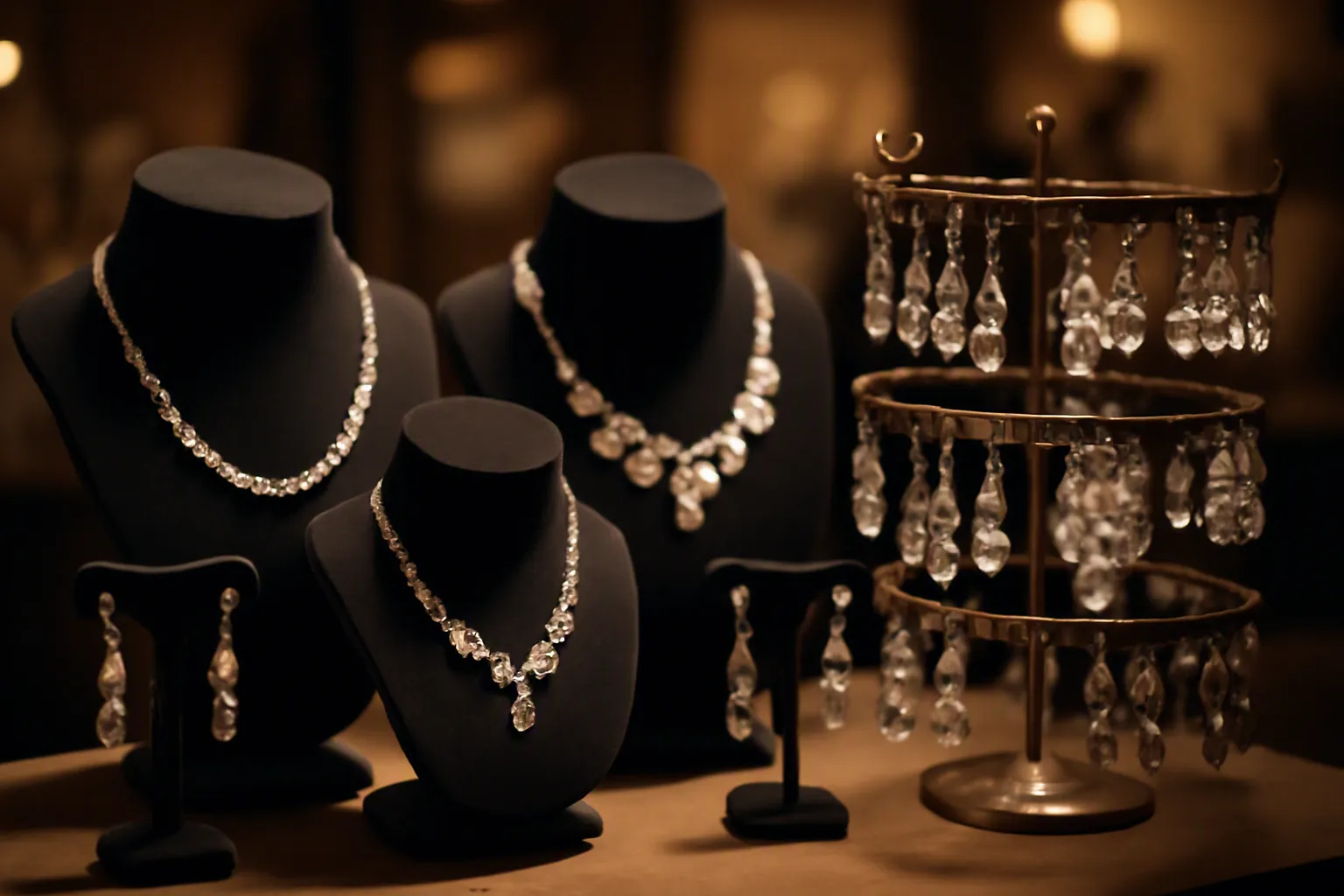présentoir bijoux - Photorealistic scene of a professional jewelry counter display featuring busts, earring trees, and a rotating carousel stand, warm boutique lighting at 45 degrees illuminating rhinestone and glass bead earrings on black velvet supports, shallow depth of field, documentary photography style