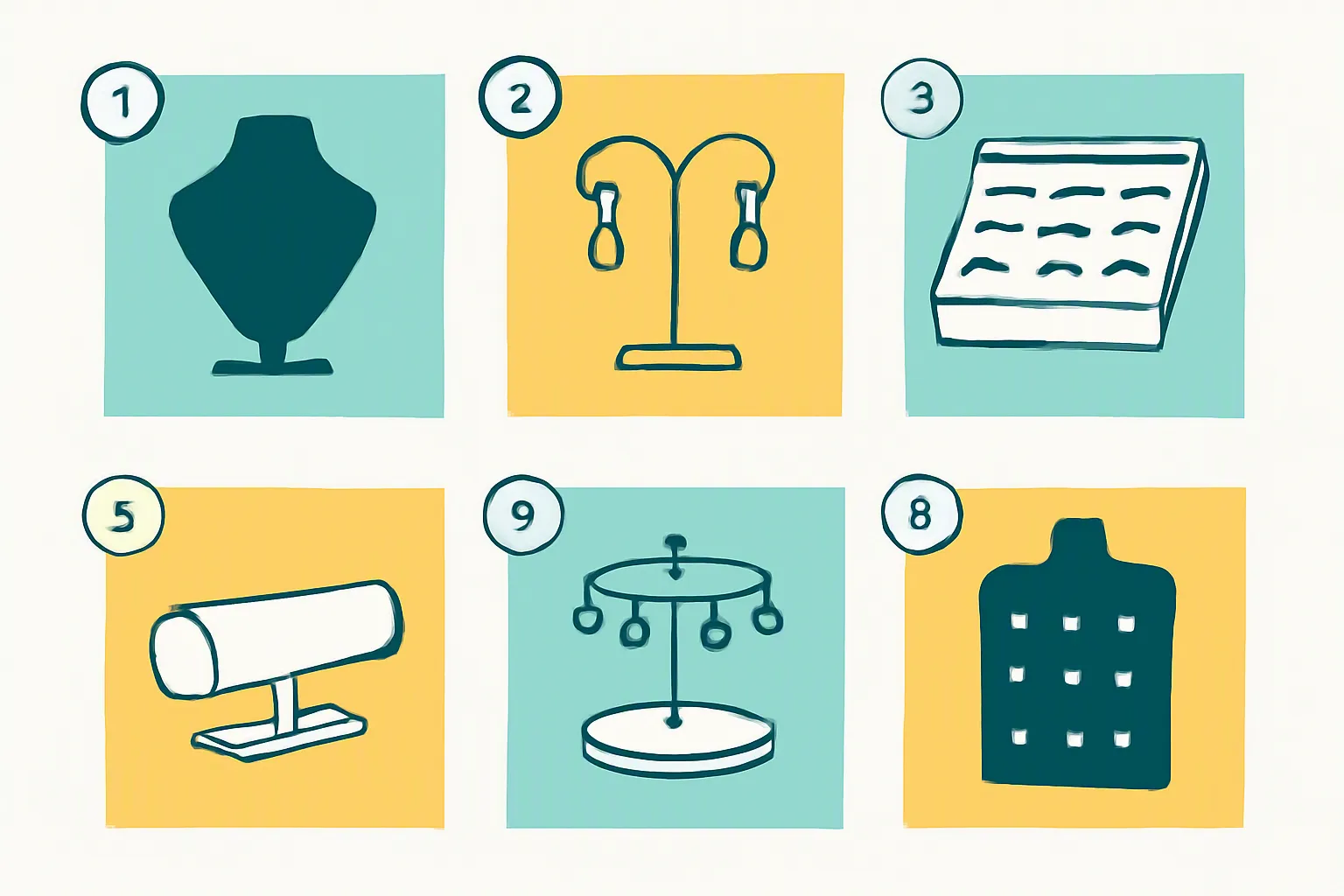 présentoir bijoux - Clean flat-design infographic diagram illustrating 7 jewelry display types arranged in a numbered grid — bust, earring tree, ring tray, bracelet roll, rotating carousel, pegboard wall panel, and gender-neutral mannequin torso — distinct color zones in teal and warm amber on white background, simple line icons per category