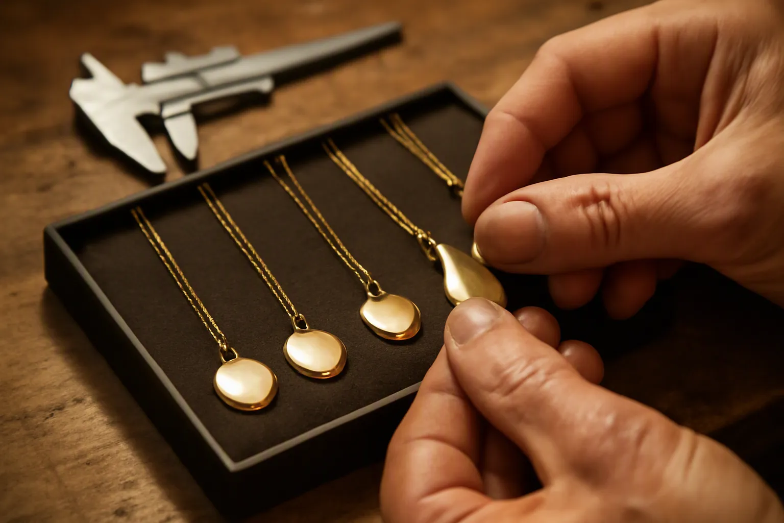 colgante oro mujer - Fotografía de proceso: manos inspeccionando colgantes dorados sobre bandeja de control de calidad en taller de joyería, con calibre de medición visible al fondo