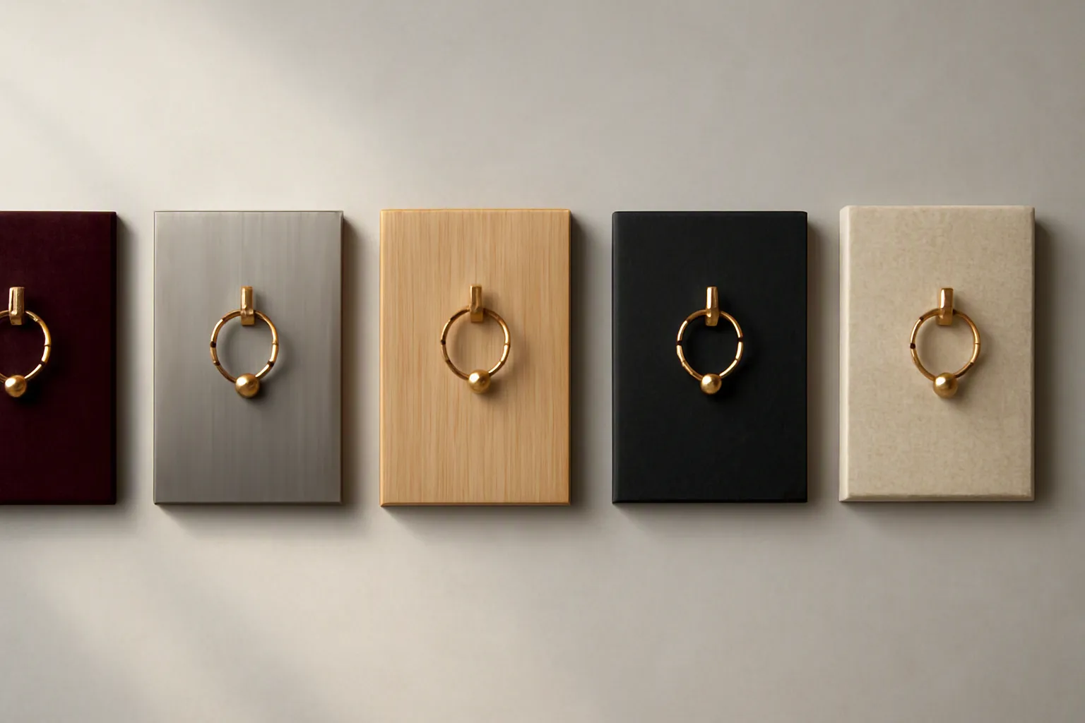 présentoir bijoux - Photorealistic flat-lay of five jewelry display material samples side by side on a light gray surface — deep burgundy velvet, brushed stainless steel, light oak wood slab, matte black faux leather, and natural linen fabric — each with a small gold-plated earring placed on top to show contrast, natural window light from the left