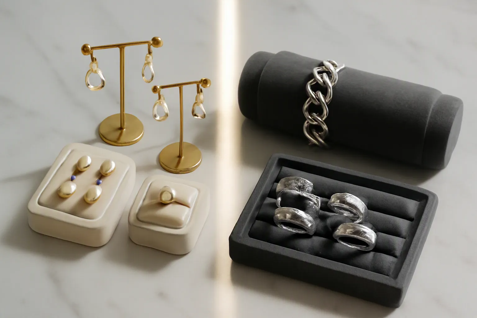présentoir bijoux - Editorial conceptual photo of two adjacent jewelry display setups on a clean marble surface — left side shows delicate gold-toned earring trees with crystal drop earrings and pearl sets on ivory velvet, right side shows a dark anthracite velvet bracelet roll and ring tray with chunky rhodium-plated pieces, separated by a thin line of natural light, top-down composition