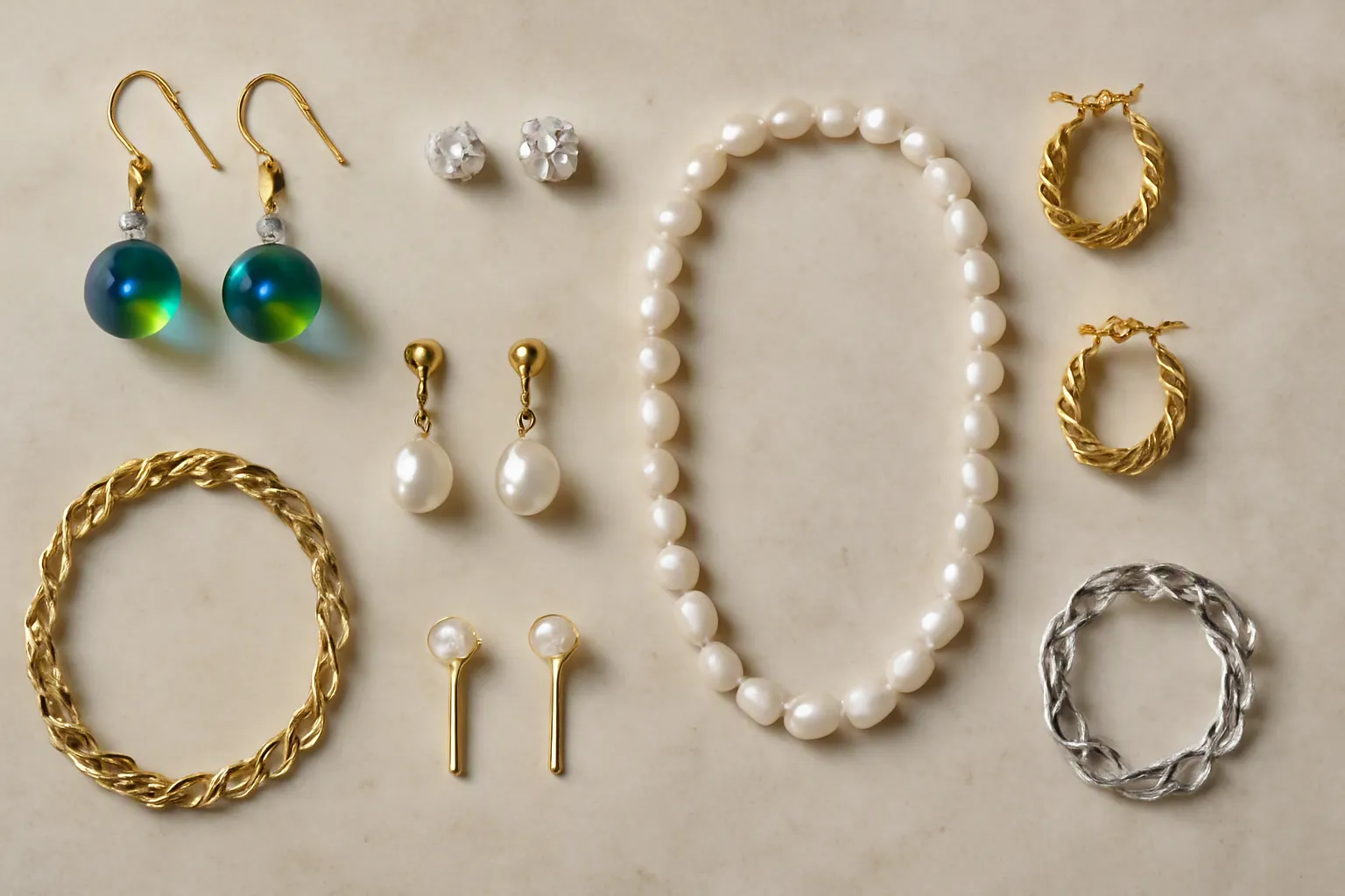 présentoir bijoux - Photorealistic flat-lay of assorted jewelry pieces on a neutral stone surface — gradient glass bead drop earrings, two-tone rhinestone stud sets, freshwater pearl necklace-earring combination, gold-plated and rhodium-plated copper pieces arranged in a loose editorial grid, natural diffused daylight, authentic commercial product photography feel