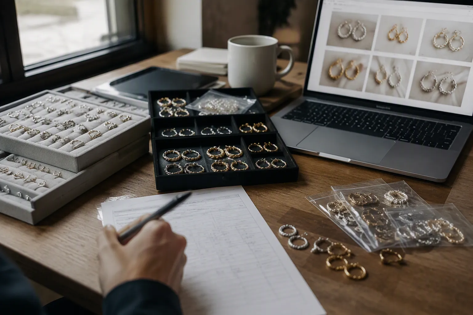 jewellery wholesale - Photorealistic documentary-style shot of a procurement buyer's desk — open ring trays of sterling silver and gold-filled earrings arranged by style, a printed order form with handwritten notes, and a laptop showing a supplier catalogue. Natural window light from the left, shallow depth of field, genuine working environment.