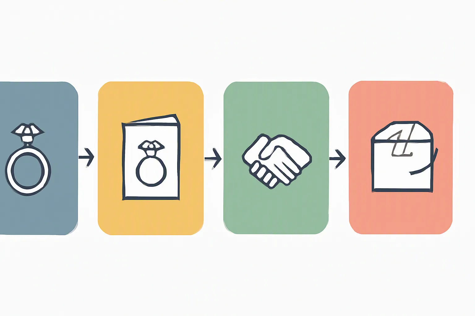 jewellery wholesale - Clean informational diagram showing the four-stage jewellery wholesale procurement process — Supplier Selection, Sample Review, MOQ Negotiation, and Reorder Cycle — arranged left to right with connecting arrows, distinct color zones (slate blue, warm amber, sage green, soft coral), simple flat icons per stage, white background.