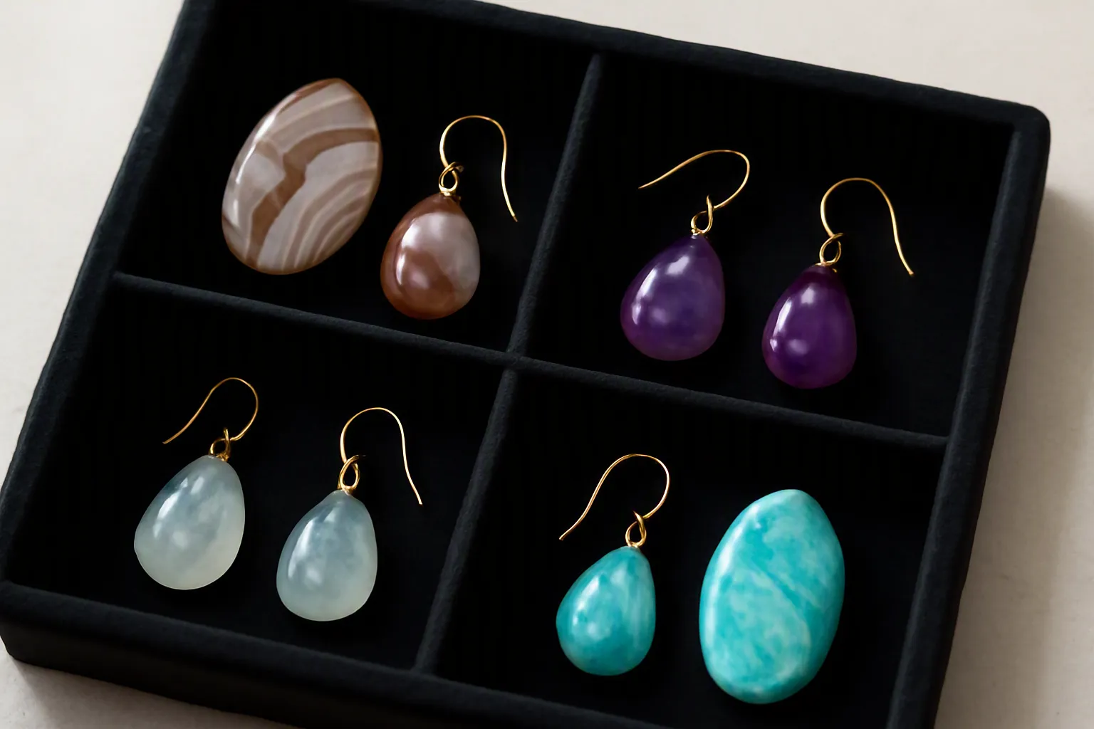 piedras naturales - Bandeja de exhibición con diferentes piedras naturales pulidas —ágata, amatista, aguamarina y amazonita— junto a pendientes dorados terminados listos para exportar