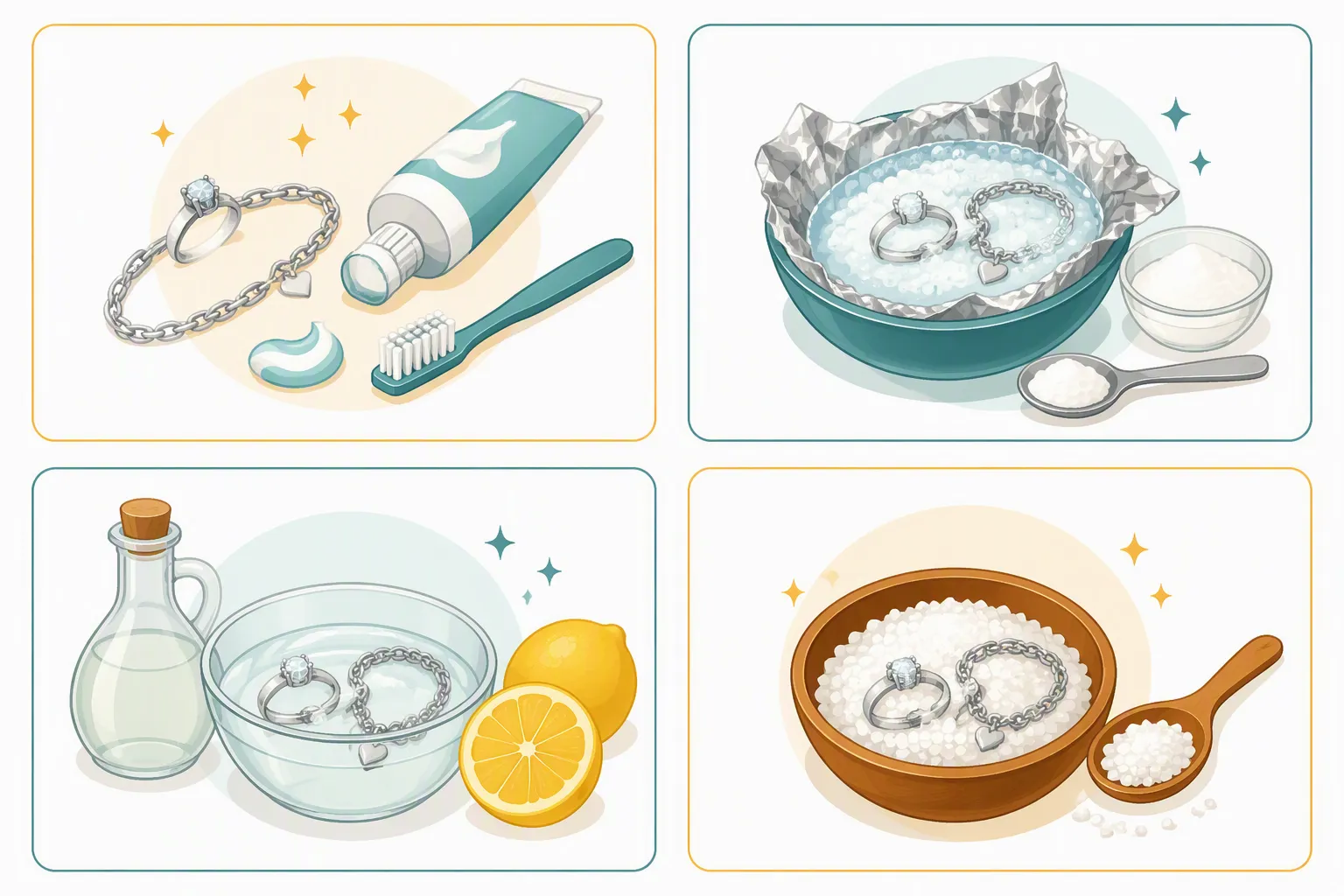 nettoyer bijoux argent - Clean flat-design infographic displaying four natural silver jewelry cleaning methods in a 2x2 grid — toothpaste with soft brush, baking soda with aluminum foil and bowl, white vinegar with lemon slice, coarse salt — each cell illustrated with simple flat icons, warm amber and teal color palette on white background, no text labels