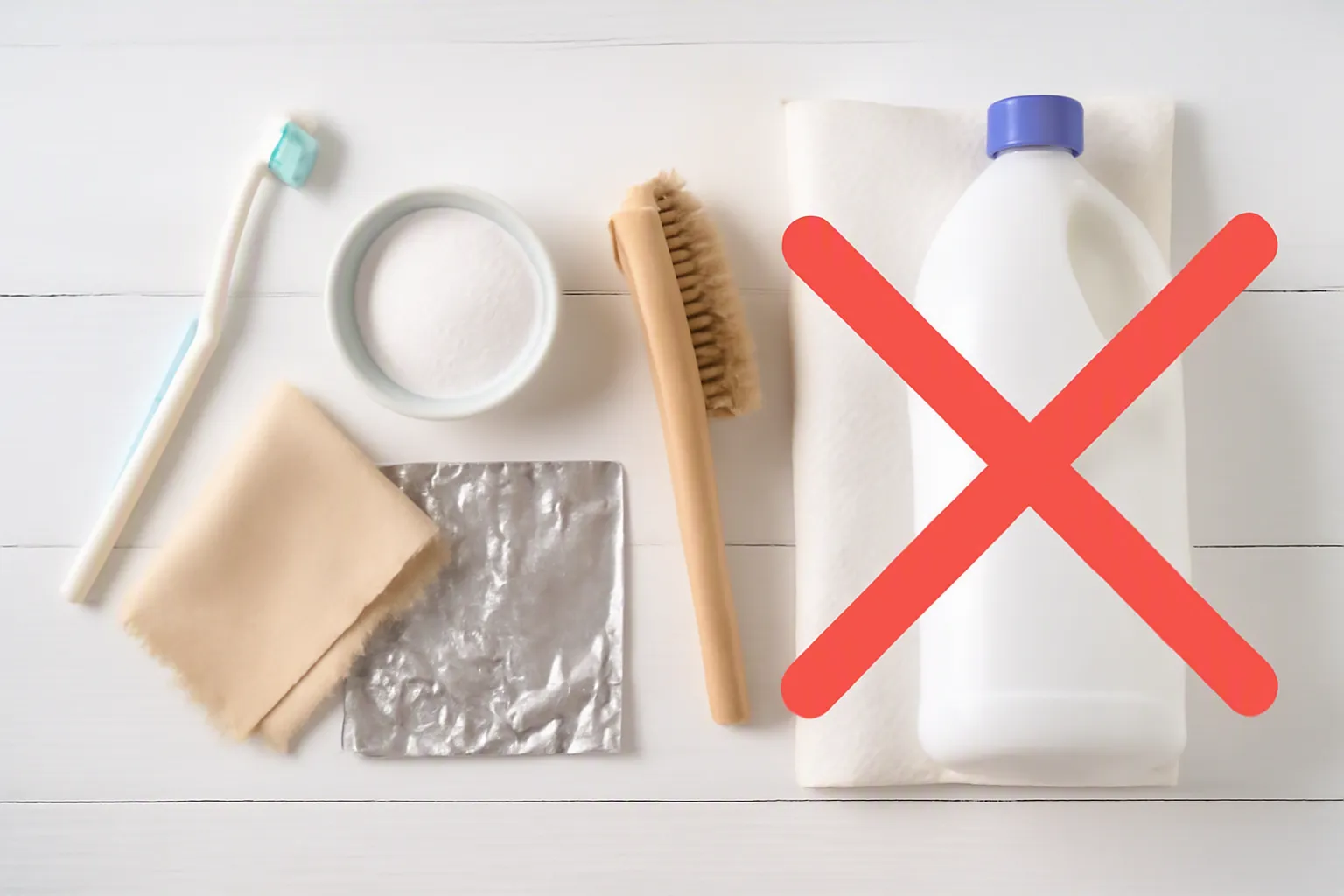 nettoyer bijoux argent - Editorial top-down flat-lay on a white wooden surface divided into two clear zones — left side labeled with a checkmark zone showing soft toothbrush, chamois cloth, small bowl with baking soda, sheet of aluminum foil; right side labeled with a red X zone showing stiff-bristle brush, paper towels, bleach bottle — natural window daylight, clean documentary composition