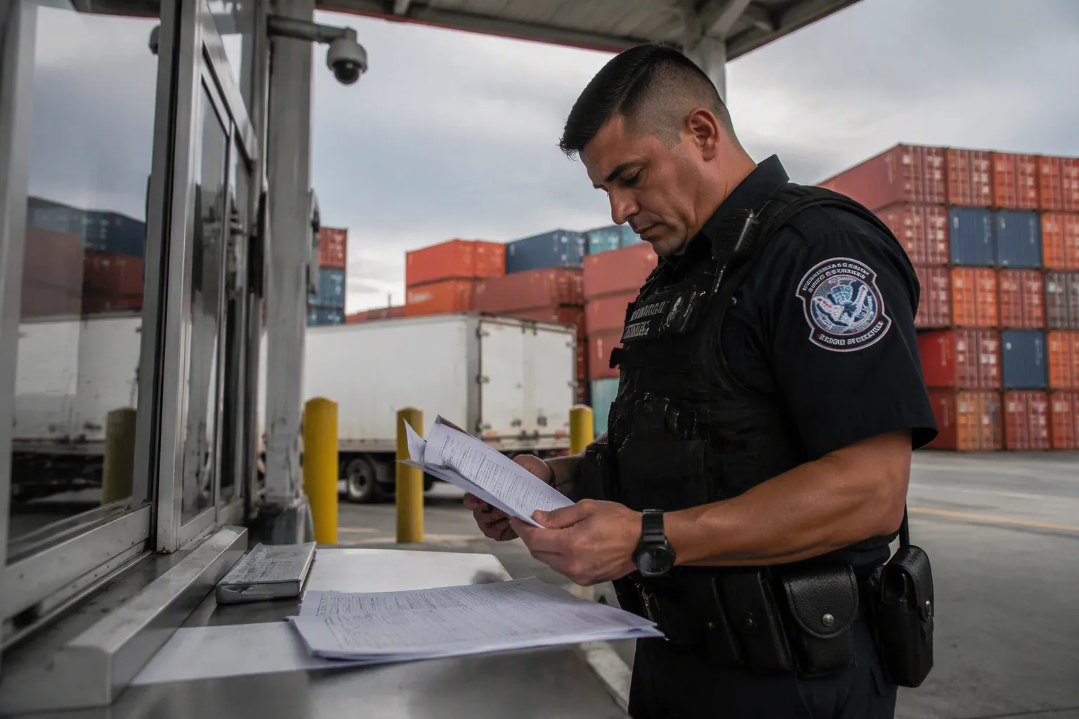 china sanction - Editorial photo of a U.S. Customs and Border Protection officer reviewing import documentation at a major U.S. port of entry, with shipping containers visible in the background — illustrating UFLPA enforcement at the border gate