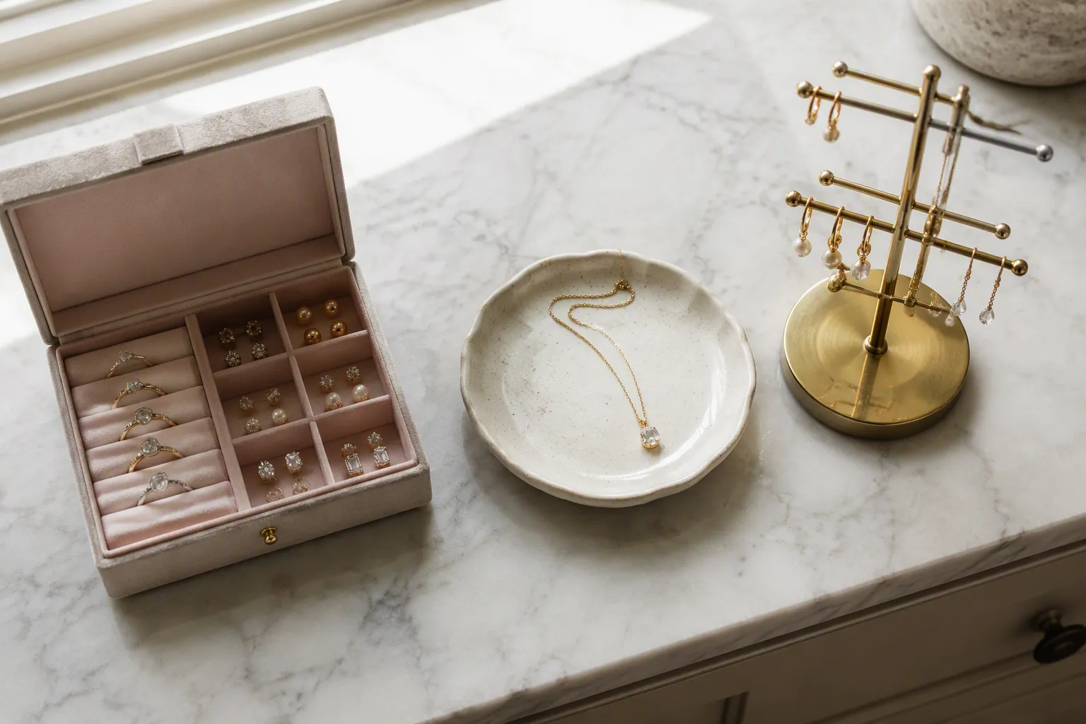rangement bijoux - Photorealistic flat-lay on a white marble surface showing three open jewelry storage solutions side by side — a velvet-lined compartmentalized box with rings and stud earrings, a small ceramic dish with a pendant necklace, and a mini rotating stand with drop earrings — natural soft window light from the upper left, authentic home environment, no studio backdrop