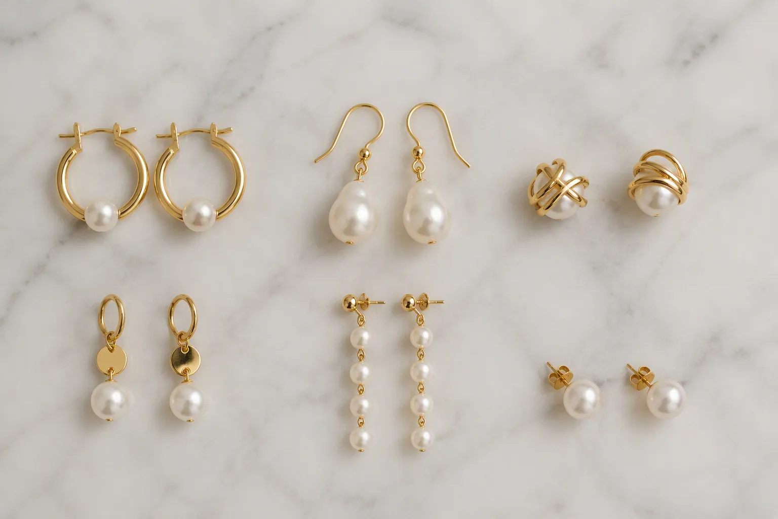 pendientes de perlas y oro - Pendientes de perlas y oro dorados de diferentes estilos (argolla, colgante y botón) sobre superficie de mármol blanco, mostrando variedad de acabados y tamaños para comparación de catálogo