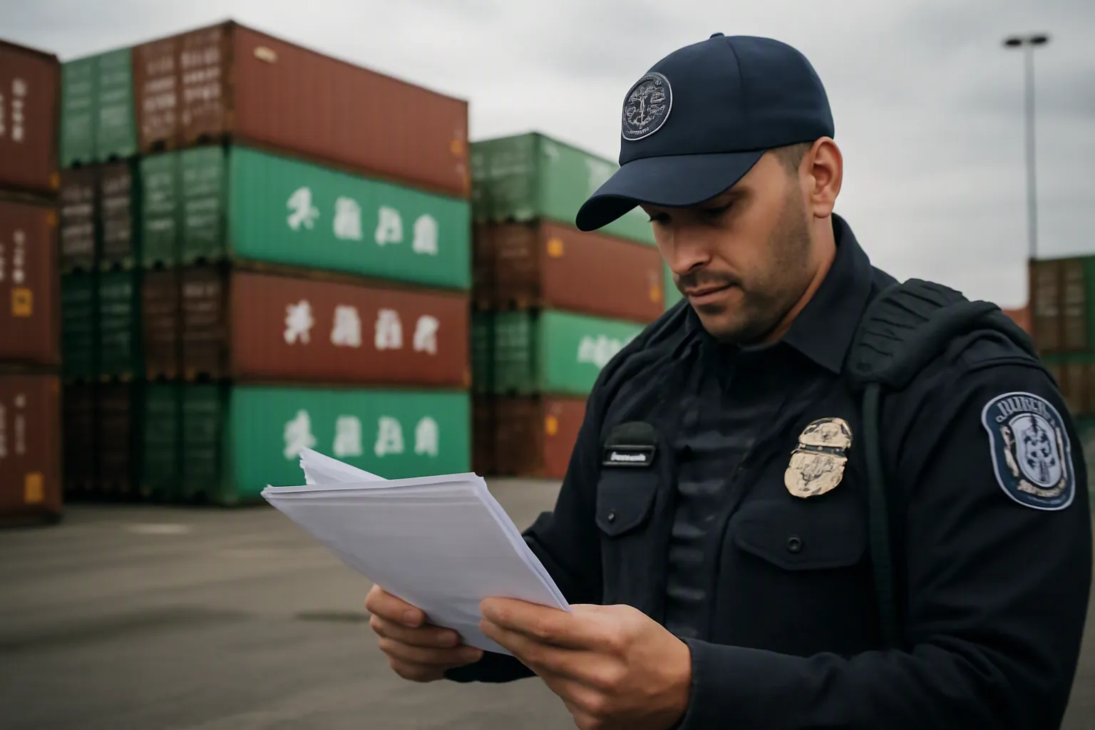 china natural resources - Photorealistic editorial photo of a U.S. Customs and Border Protection officer examining a manifest at a major port of entry, with stacked shipping containers from Chinese carriers visible in the background