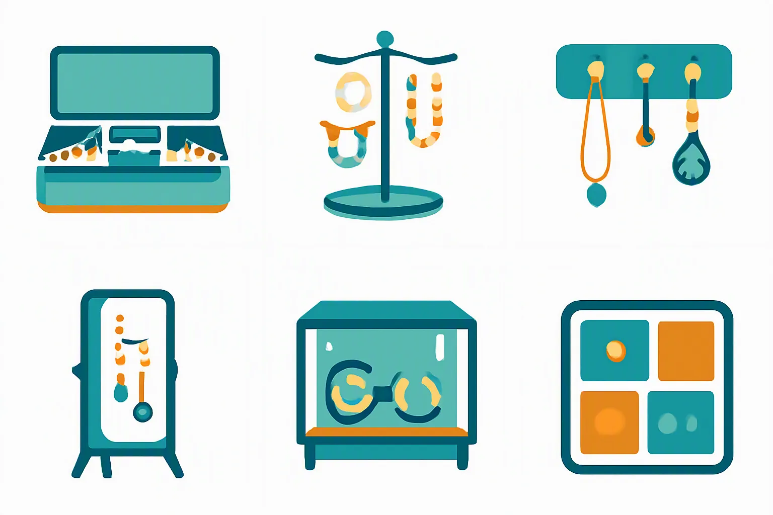 rangement bijoux - Clean flat-design informational diagram comparing six jewelry storage types in a 2x3 grid — compartmentalized box, rotating manège stand, wall-mounted hooks, mirror armoire, glass vitrine, modular drawer insert — each cell has a simple icon, a bold title label, and a "Idéal pour :" callout, teal and amber accent colors on white background, no photography