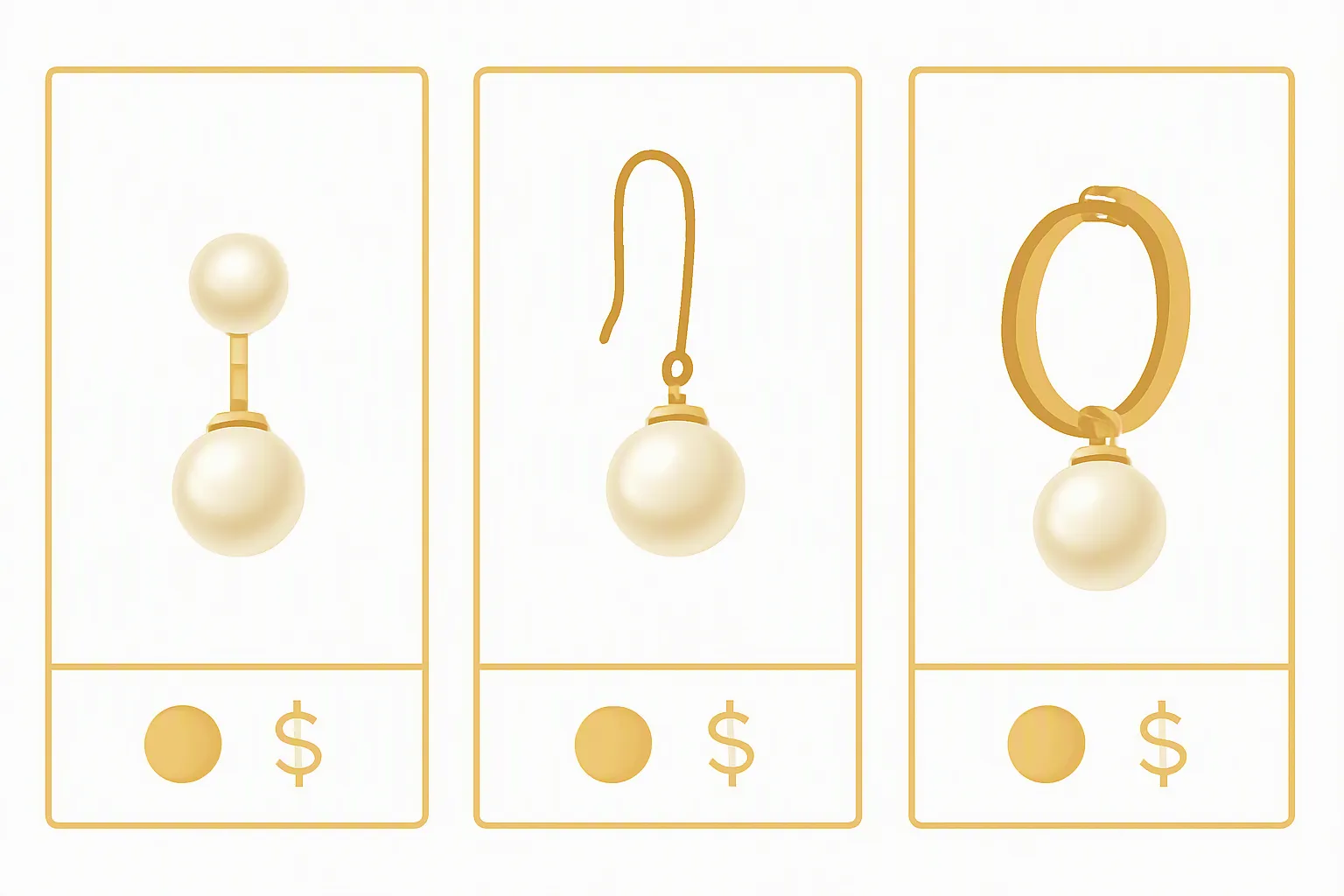 pendientes de perlas y oro - Diagrama comparativo de tipos de pendientes de perlas y oro — botón, colgante (drop) y aro — con indicaciones sobre metal base, tipo de perla y rango de precio orientativo por categoría