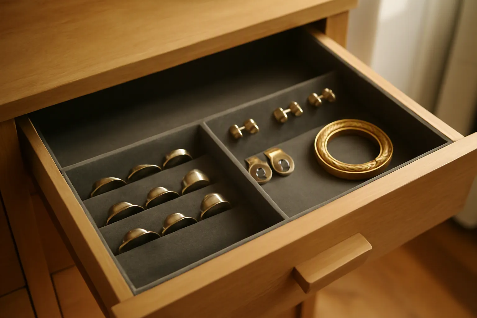 rangement bijoux - Editorial photo of a wooden jewelry drawer open at chest level, interior lined with dark charcoal velvet showing three clear zones — a row of rings in size order, four pairs of earrings clipped in fabric slots, one short necklace coiled without tangles — overhead warm natural light, shallow depth of field with foreground rings in focus, authentic domestic setting