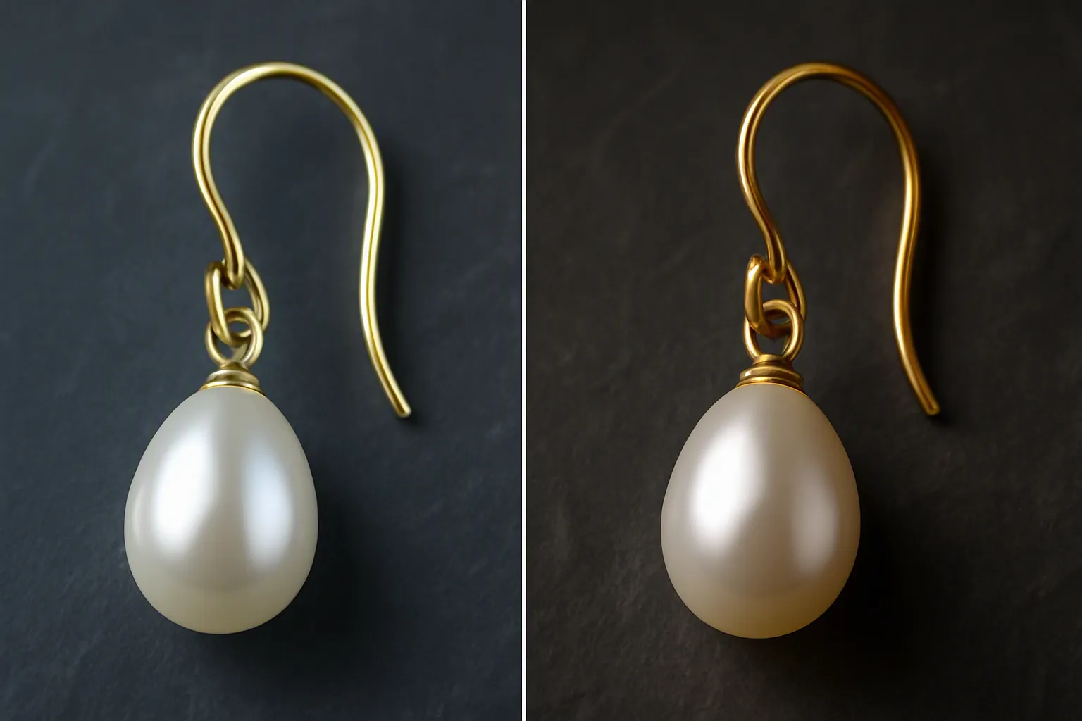 pendientes de perlas y oro - Foto editorial de pendientes colgantes de perlas blancas con enganche dorado sobre fondo oscuro, ilustrando la diferencia visual entre acabado en oro brillante y acabado envejecido (vintage)