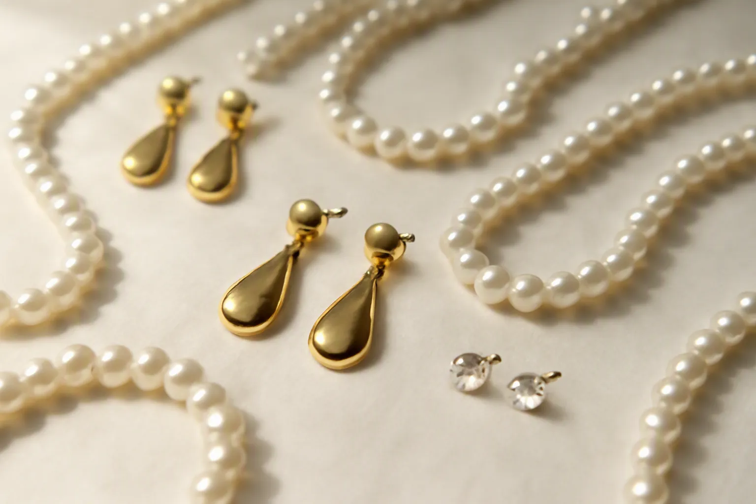 modeschmuck verkaufen - Fotorealistisches Flat-Lay von goldvergoldeten Tropfenversen-Ohrringen, Perlenketten und Strass-Stud-Ohrsteckern auf hellem Untergrund — typisches Produktsortiment für grenzüberschreitenden DTC-Modeschmuck-Handel