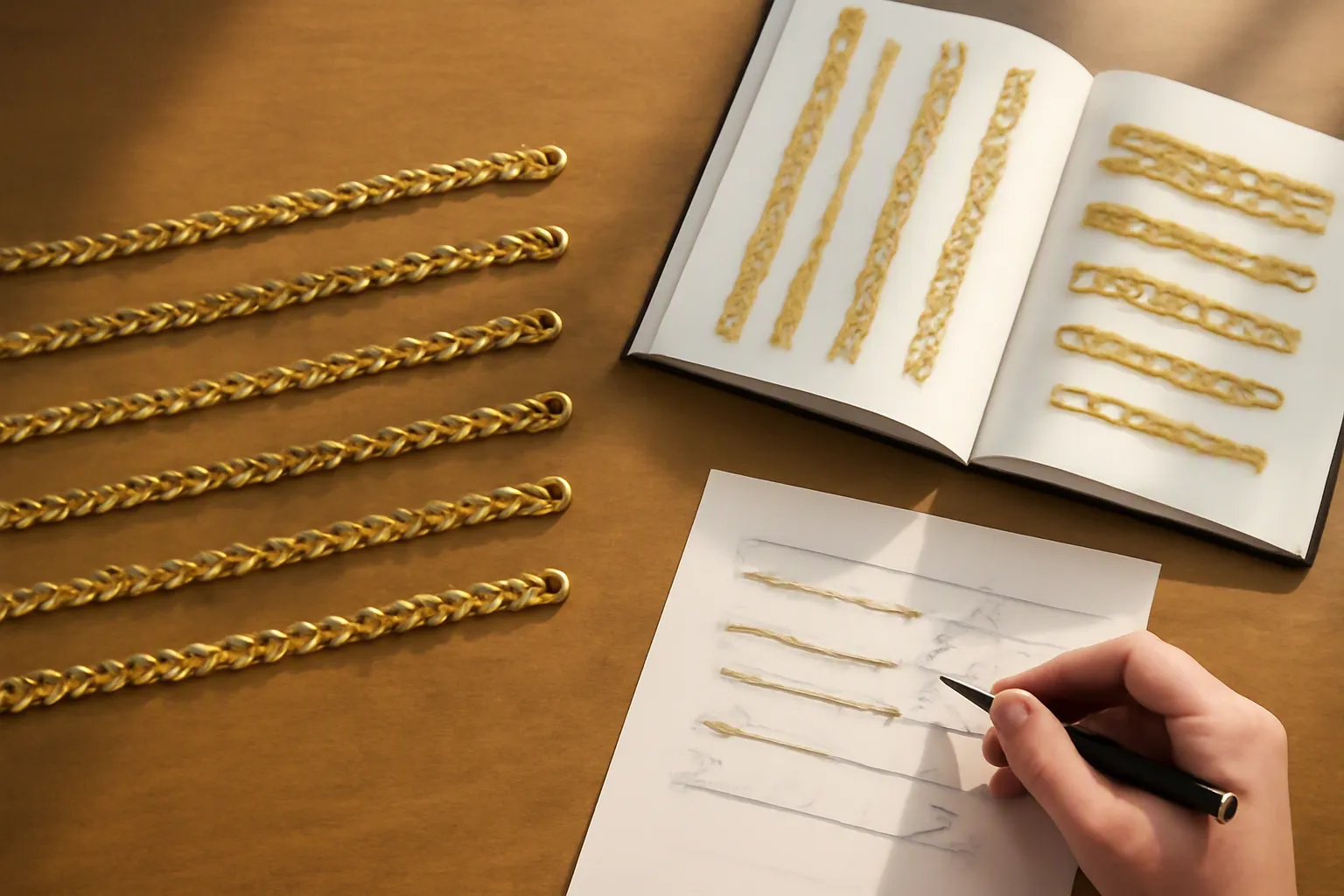 collares hombre oro - Foto de una mesa de trabajo de buyer con muestras de cadenas hombre oro de diferentes eslabones, una tabla comparativa impresa y una muestra de catálogo de proveedor abierto, simulando el proceso de selección B2B