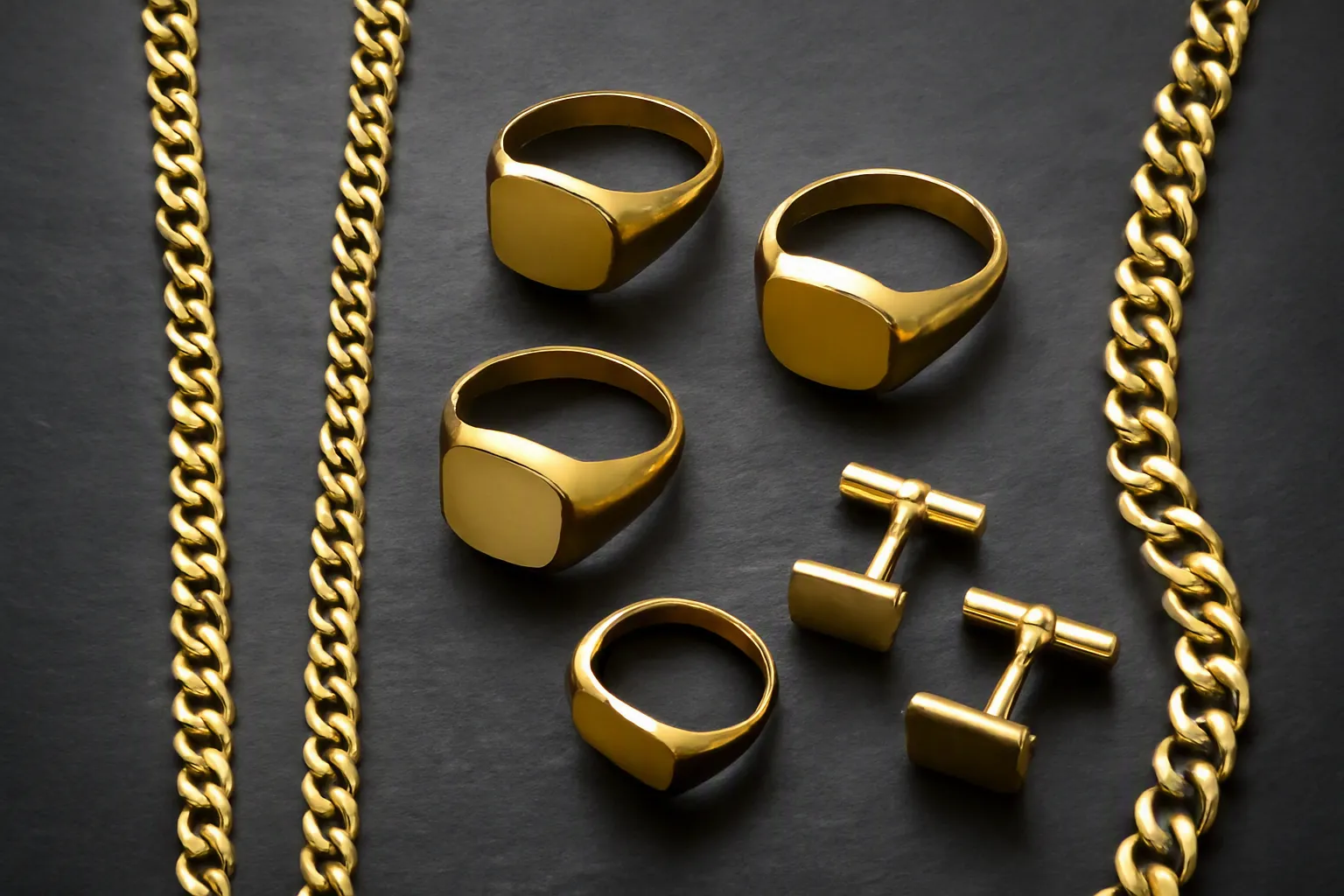 modeschmuck herren - Flachlay-Foto eines kuratierten Herren-Modegeschmuck-Sortiments – vergoldete Ketten, Ringe und Manschettenknöpfe auf dunklem strukturiertem Untergrund, professionell für Produktkatalog fotografiert