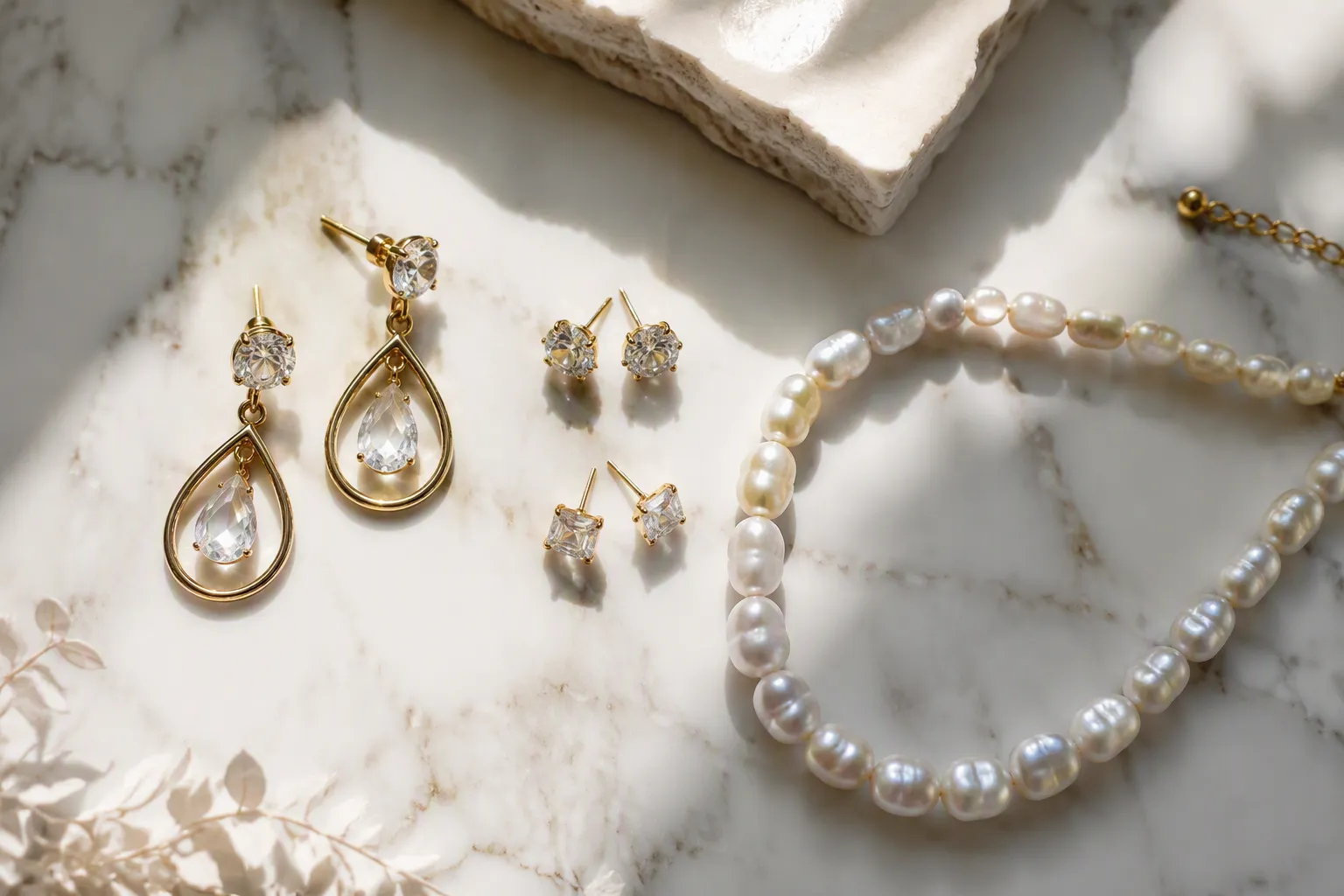 custom jewelry - Editorial photo of a US-based DTC jewelry brand's flat-lay product shoot featuring gold-plated drop earrings, rhinestone studs, and a pearl necklace set, showing how OEM-sourced pieces present at retail quality