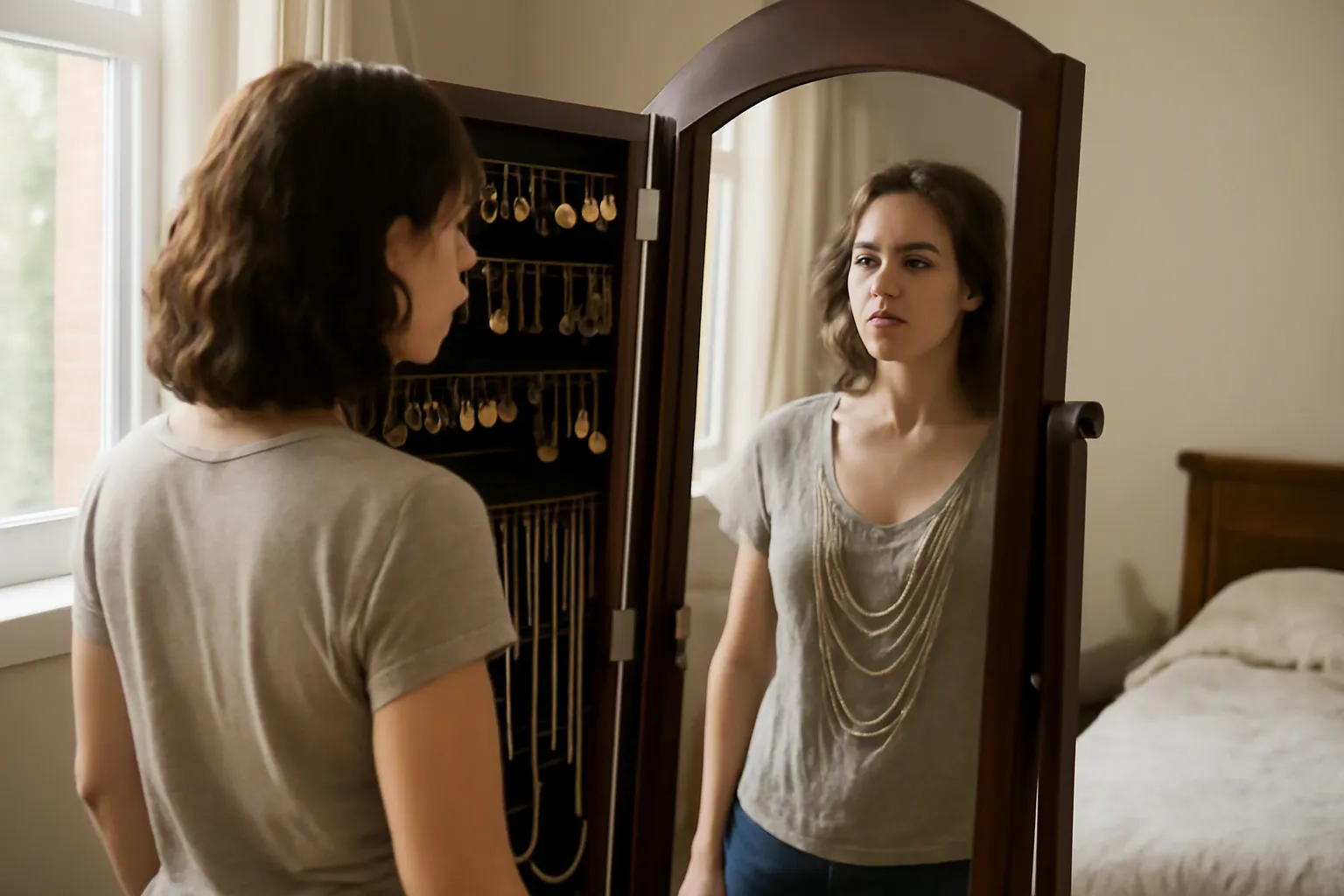 armoire à bijoux - Photorealistic scene — vue d'une chambre lumineuse, femme devant une armoire à bijoux sur pieds avec miroir pleine longueur ouvert, boucles d'oreilles pendantes et colliers visibles sur leurs crochets intérieurs, lumière naturelle douce venant d'une fenêtre à gauche, composition authentique de style documentaire