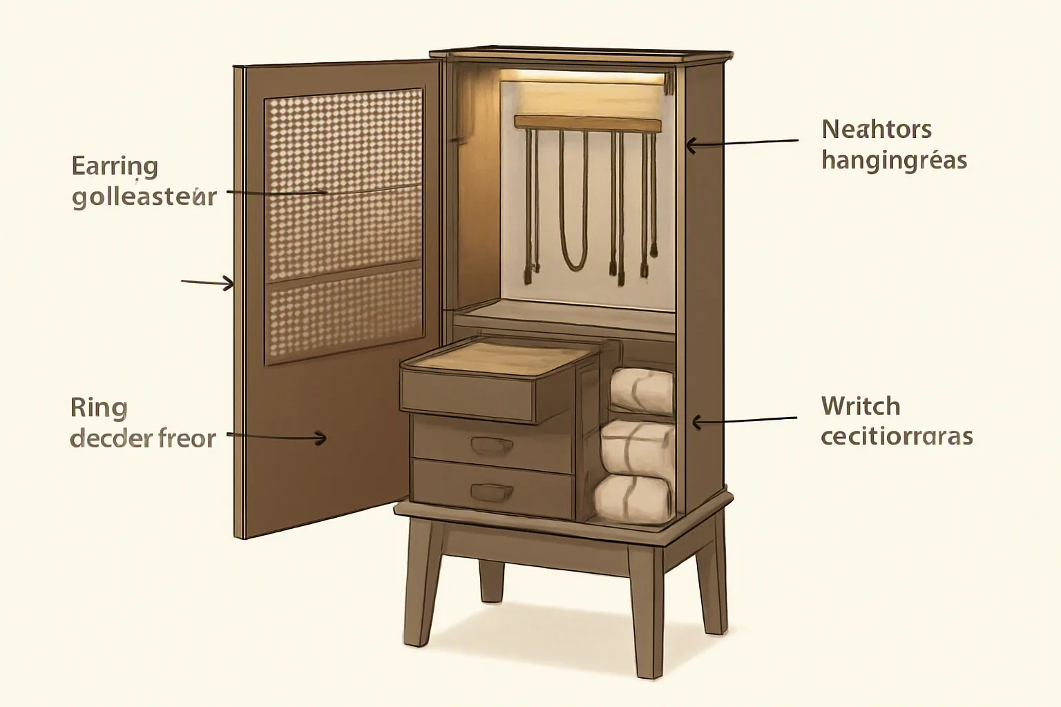 armoire à bijoux - Annotated UI mockup — vue intérieure ouverte d'une armoire à bijoux sur pieds, compartiments annotés avec flèches descriptives (zone boucles d'oreilles, barre colliers, tiroir bagues, espace montres), éclairage LED visible en haut, rendu propre de type illustration produit sur fond neutre