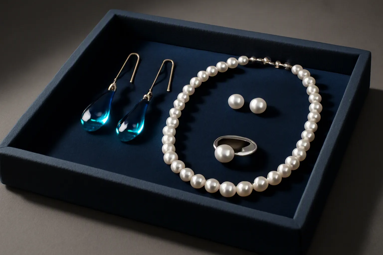 armoire à bijoux - Photorealistic editorial scene — plateau de présentation professionnel avec une sélection de bijoux artisanaux (boucles d'oreilles pendantes en cristal dégradé, set collier et puces en perles de verre, chevalière dorée), disposés sur fond velours bleu marine, éclairage de studio doux et directionnel, style lookbook de marque de bijoux
